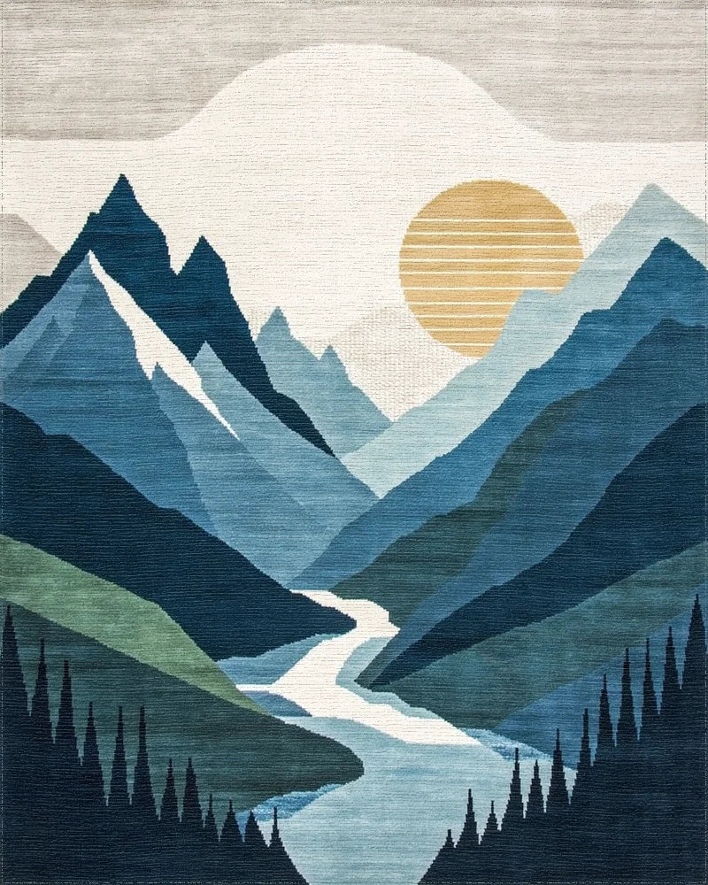 Abstract Blue Mountain Sunset Tapestry Rug - Cutout View