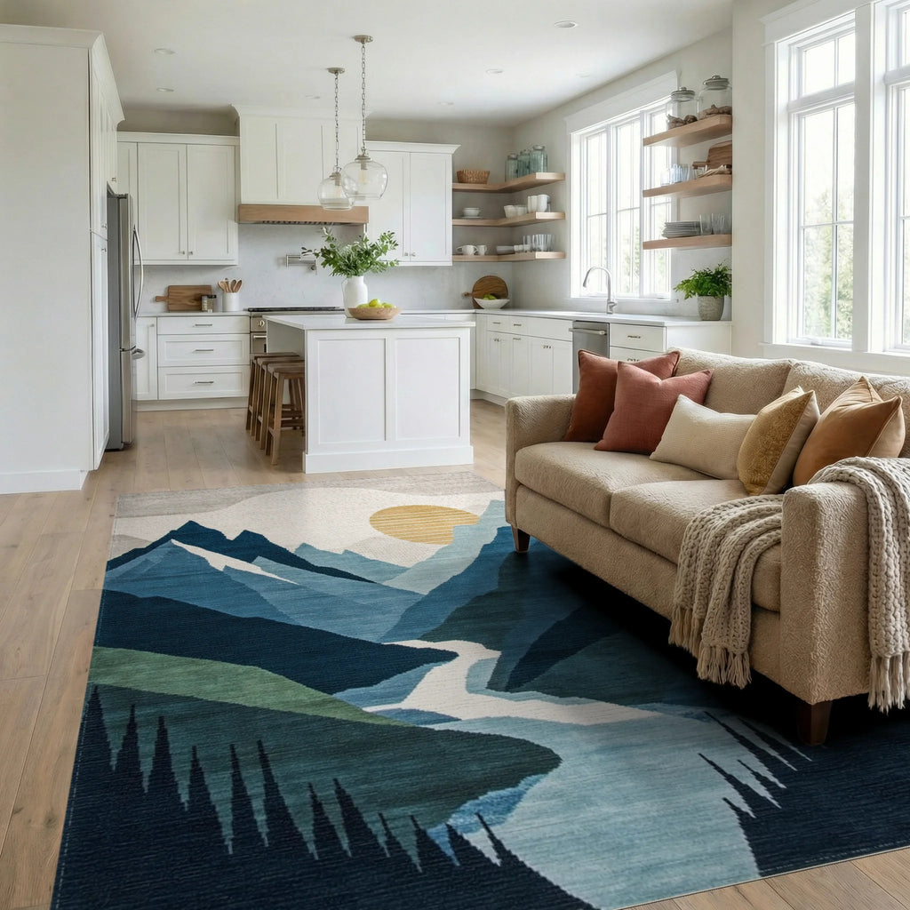Abstract Blue Mountain Sunset Tapestry Rug - Living Room View