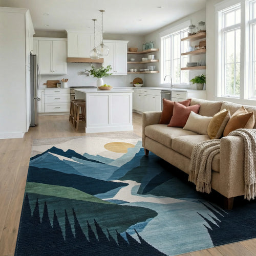 Abstract Blue Mountain Sunset Tapestry Rug - Living Room View