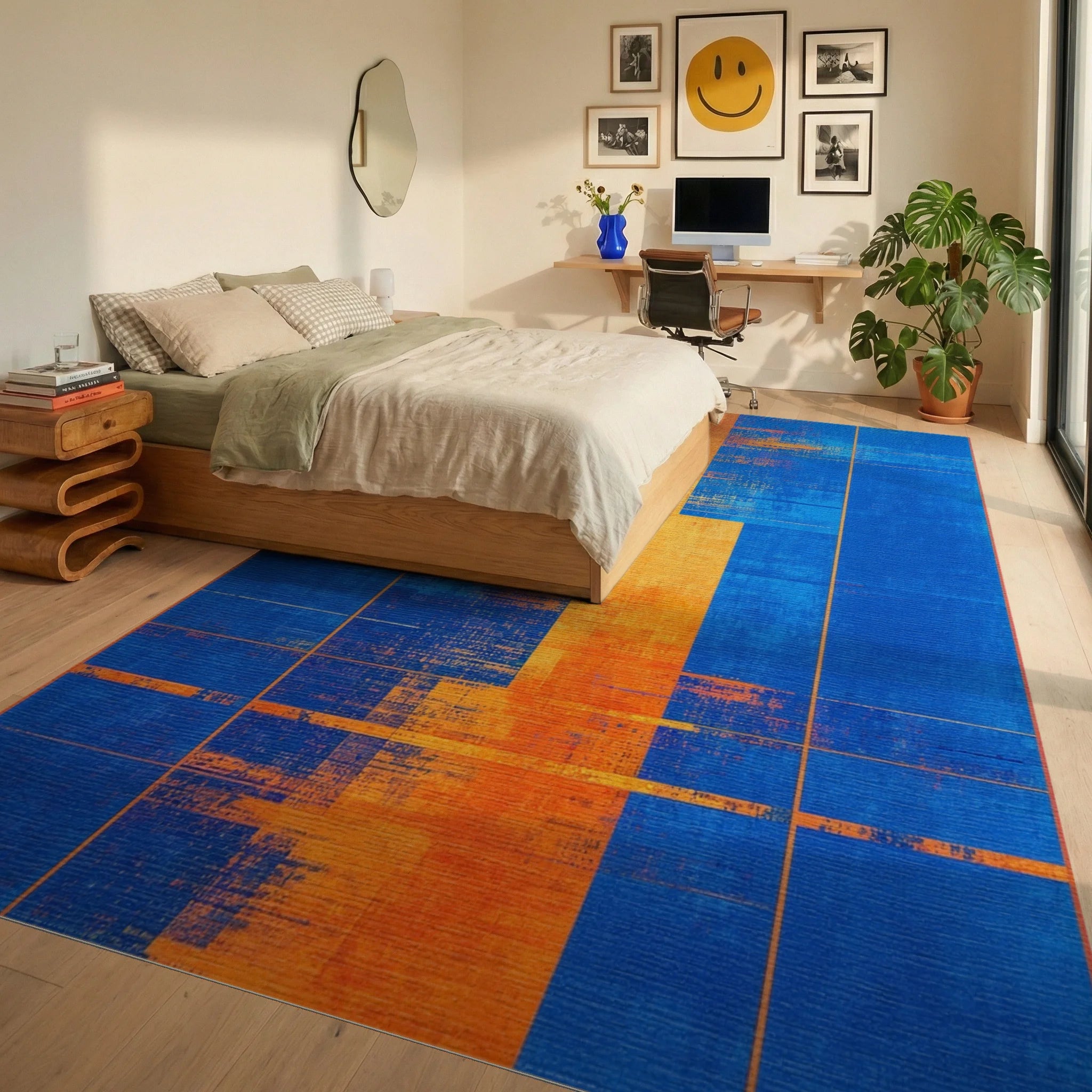 Abstract Blue Orange Sun Rectangles Rug - Bedroom View