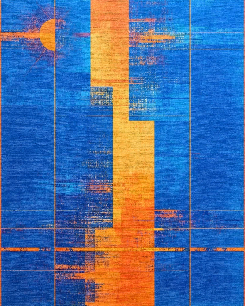 Abstract Blue Orange Sun Rectangles Rug - Cutout View