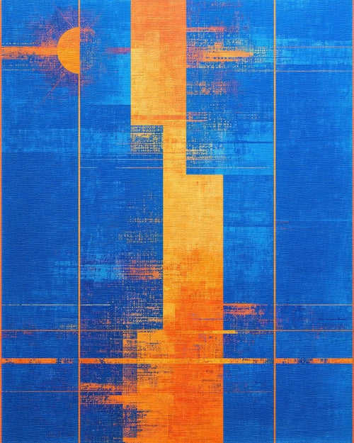 Abstract Blue Orange Sun Rectangles Rug - Cutout View