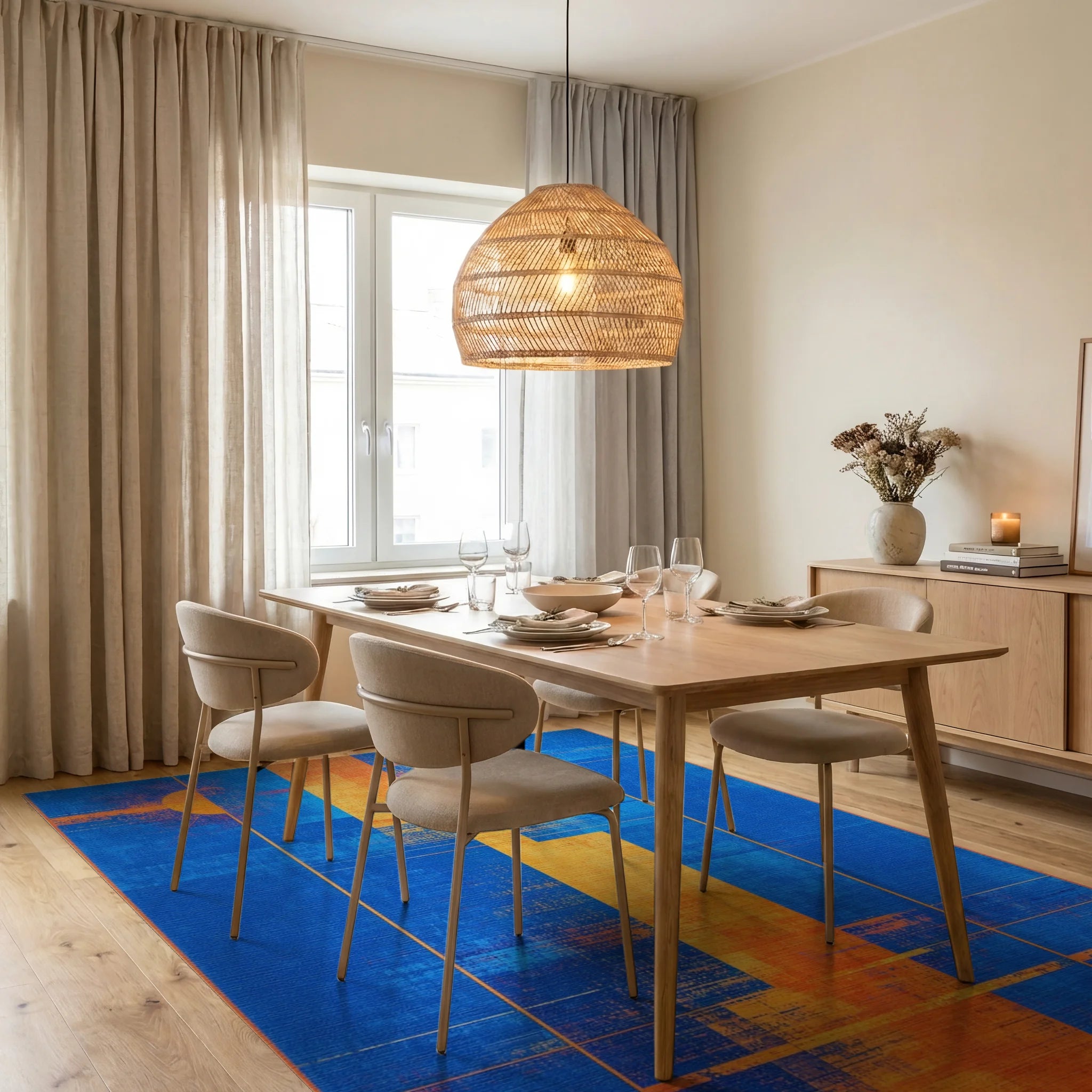 Abstract Blue Orange Sun Rectangles Rug - Dining Room View