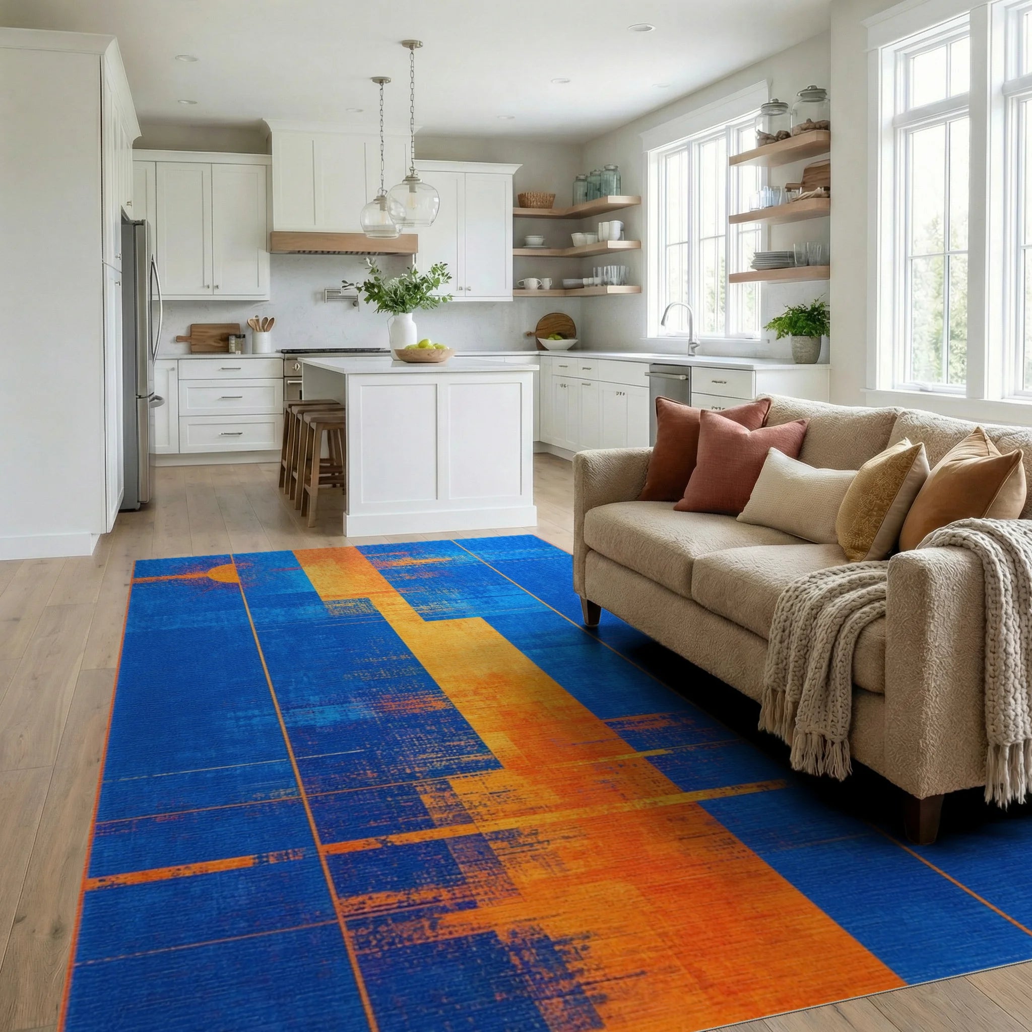 Abstract Blue Orange Sun Rectangles Rug - Living Room View