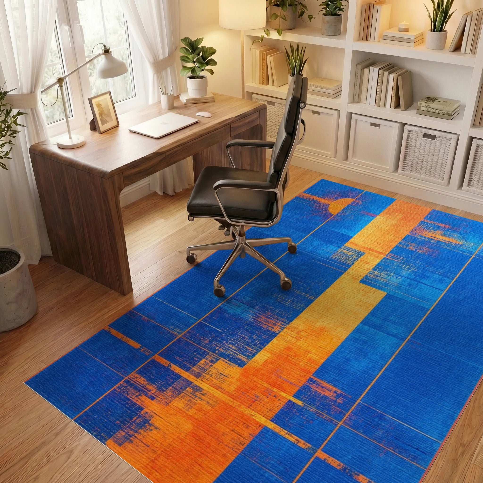 Abstract Blue Orange Sun Rectangles Rug - Office View