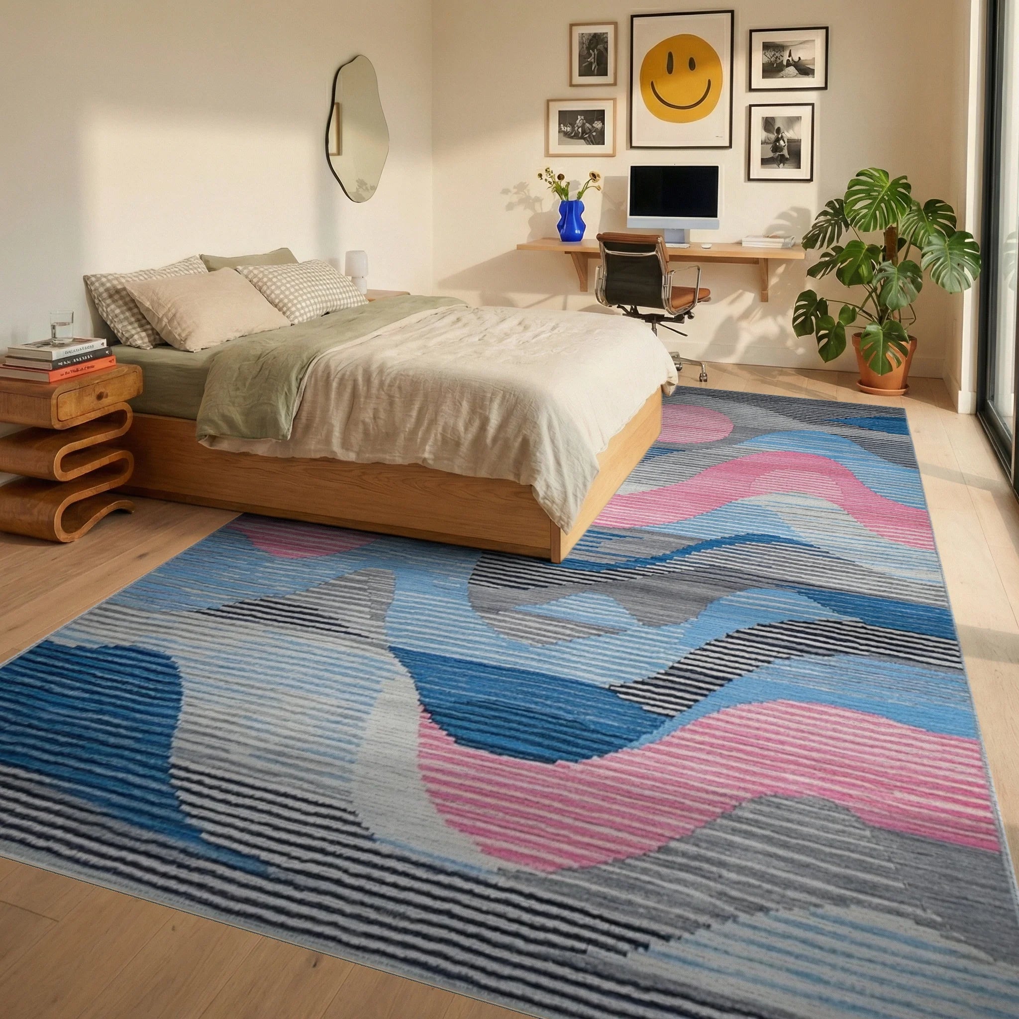 Abstract Blue Pink Wave Rug - Bedroom View