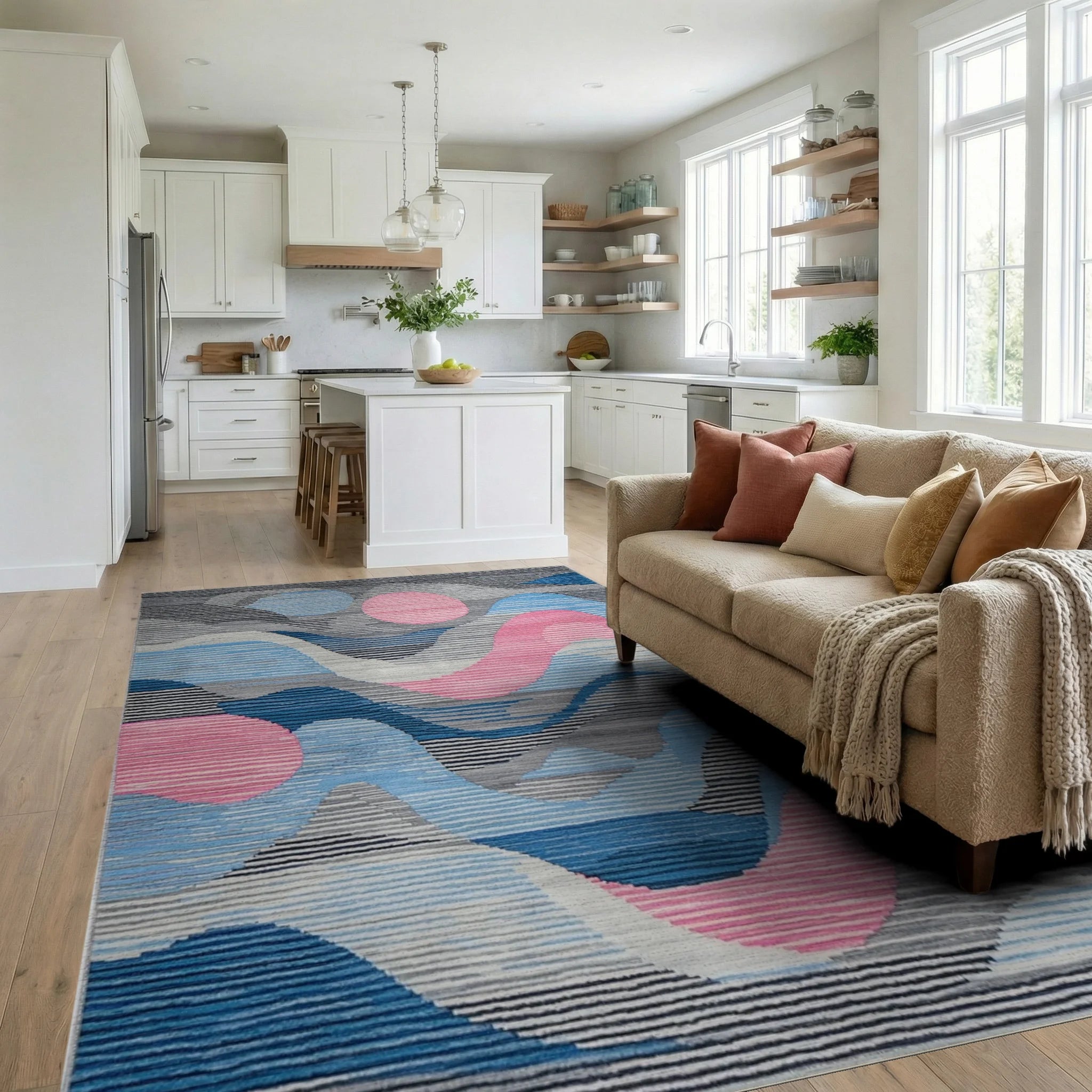 Abstract Blue Pink Wave Rug - Living Room View
