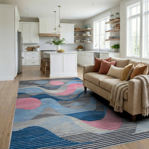 Abstract Blue Pink Wave Rug - Living Room View