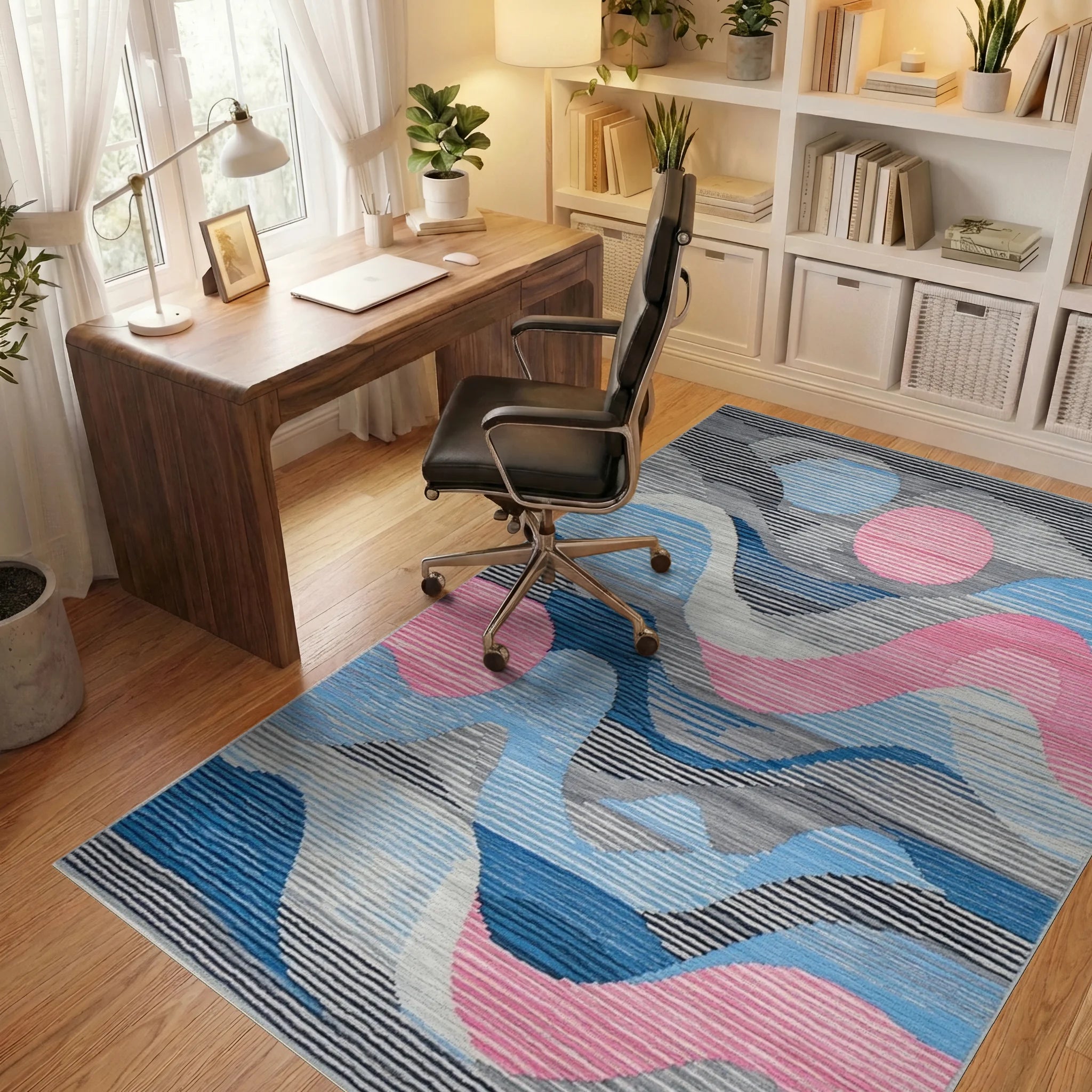Abstract Blue Pink Wave Rug - Office View
