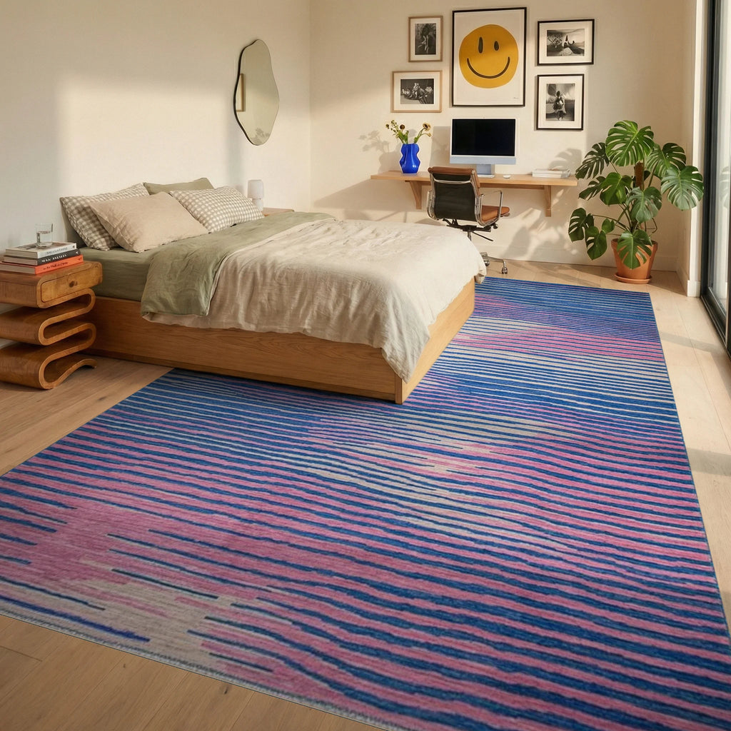 Abstract Blue Pink Wave Stripes Rug - Bedroom View
