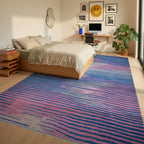 Abstract Blue Pink Wave Stripes Rug - Bedroom View
