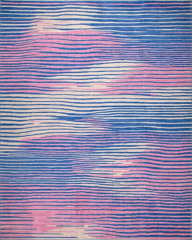 Abstract Blue Pink Wave Stripes Rug - Cutout View