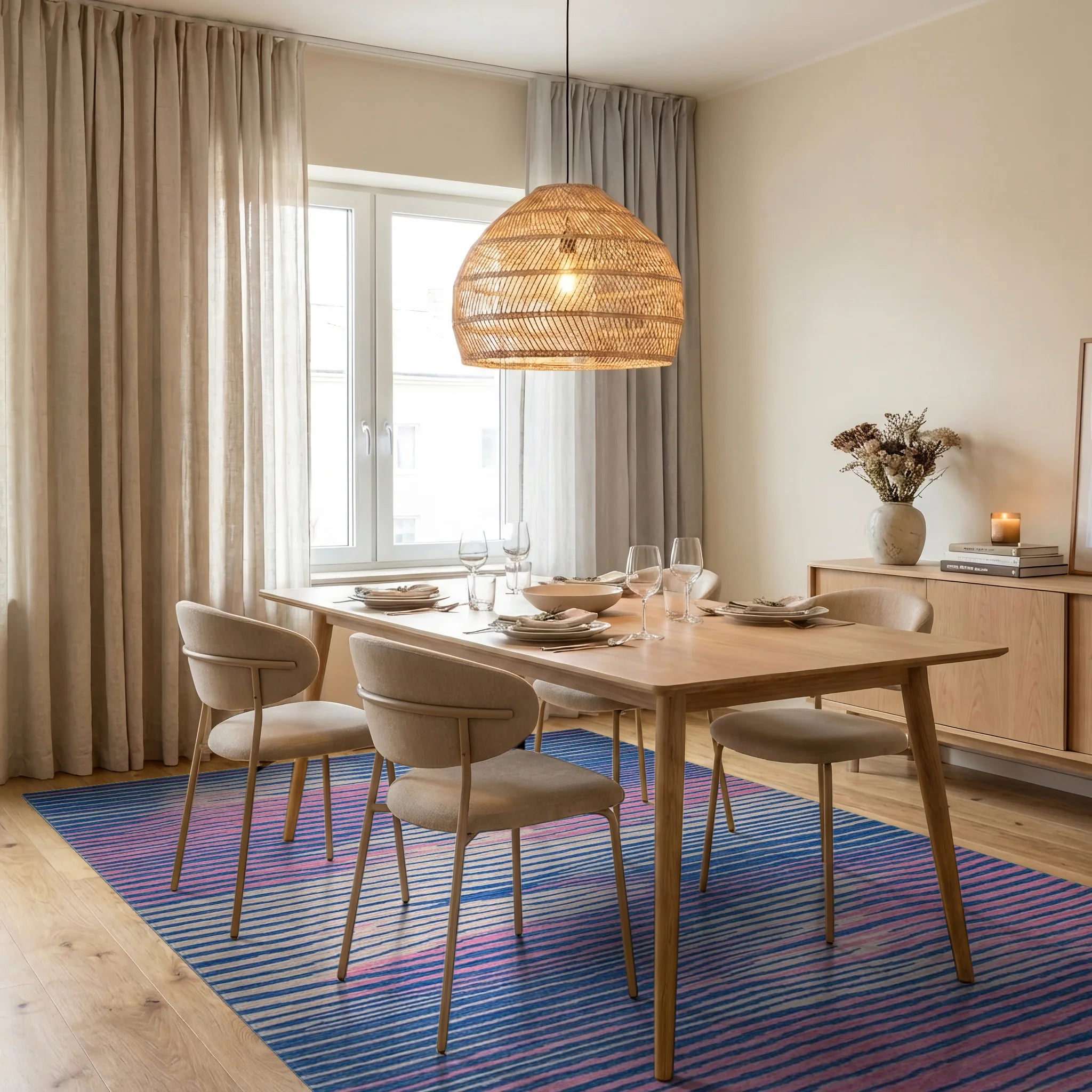 Abstract Blue Pink Wave Stripes Rug - Dining Room View