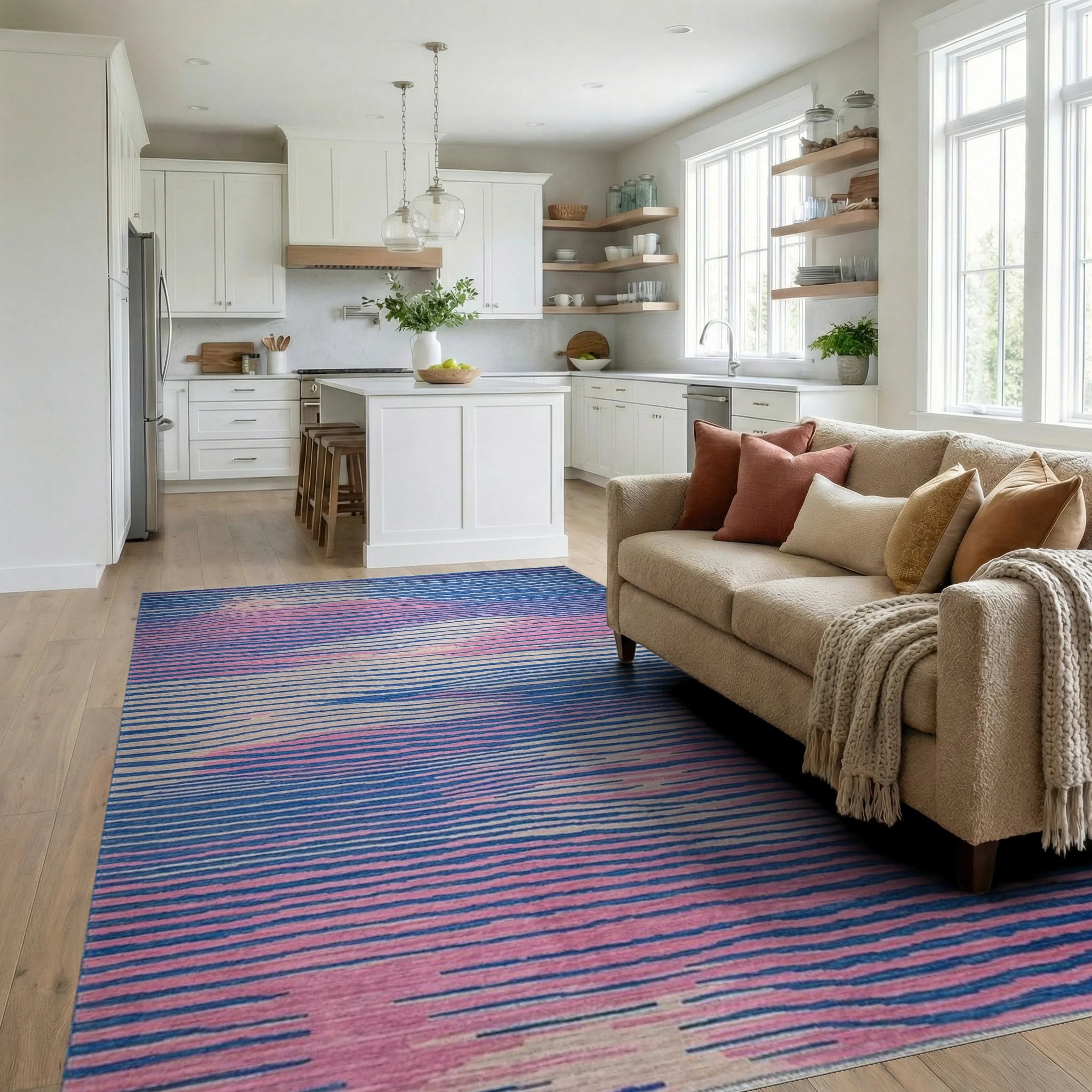 Abstract Blue Pink Wave Stripes Rug - Living Room View