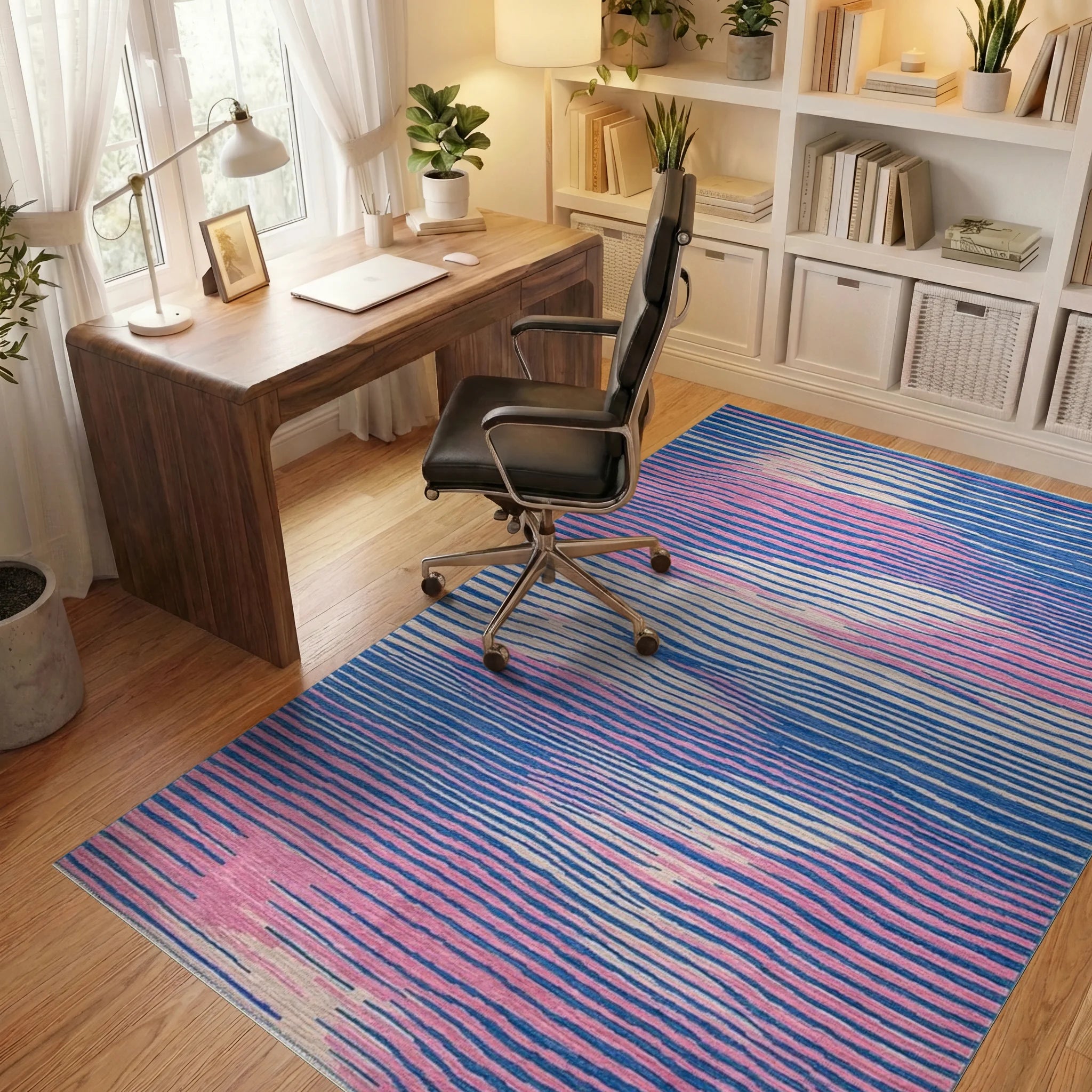 Abstract Blue Pink Wave Stripes Rug - Office View