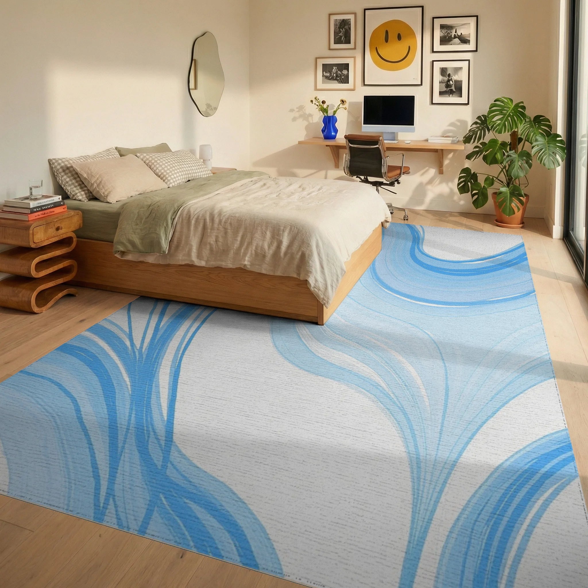 Abstract Blue Swirl Flow Rug Bedroom View