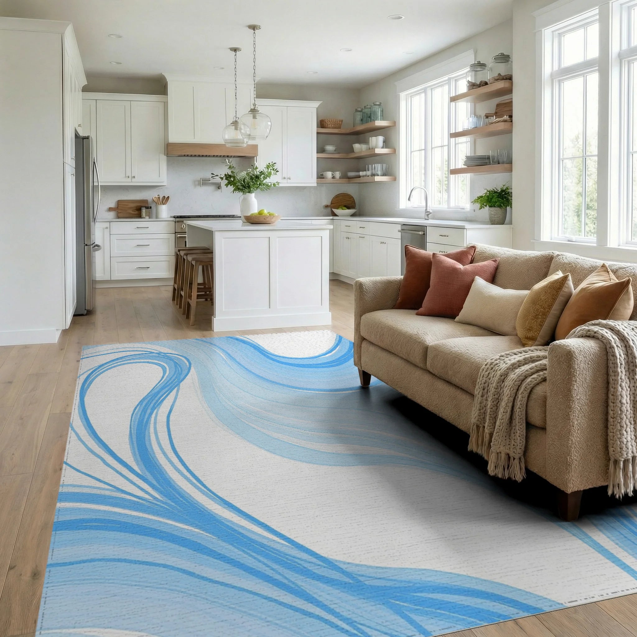 Abstract Blue Swirl Flow Rug Living Room View