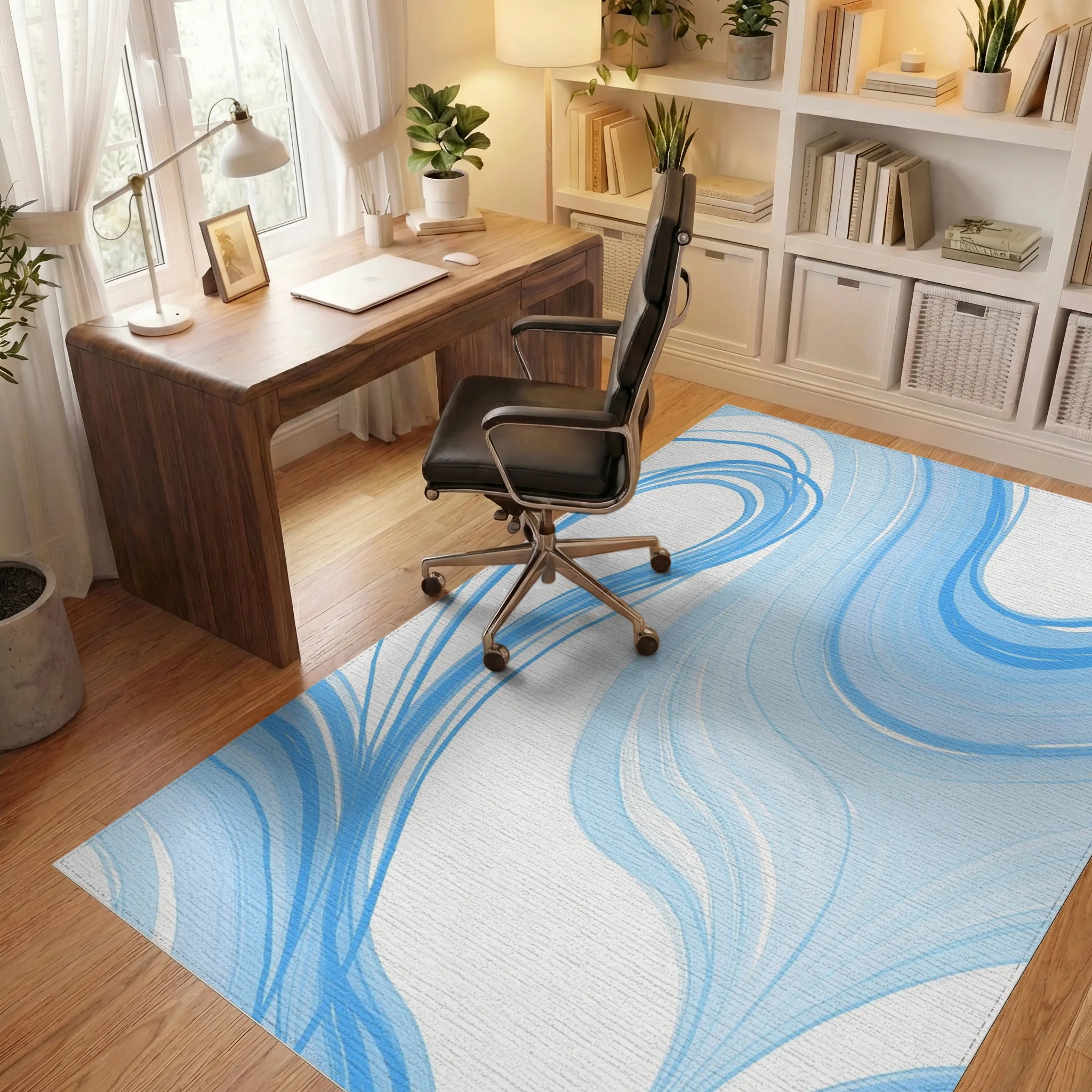Abstract Blue Swirl Flow Rug Office View