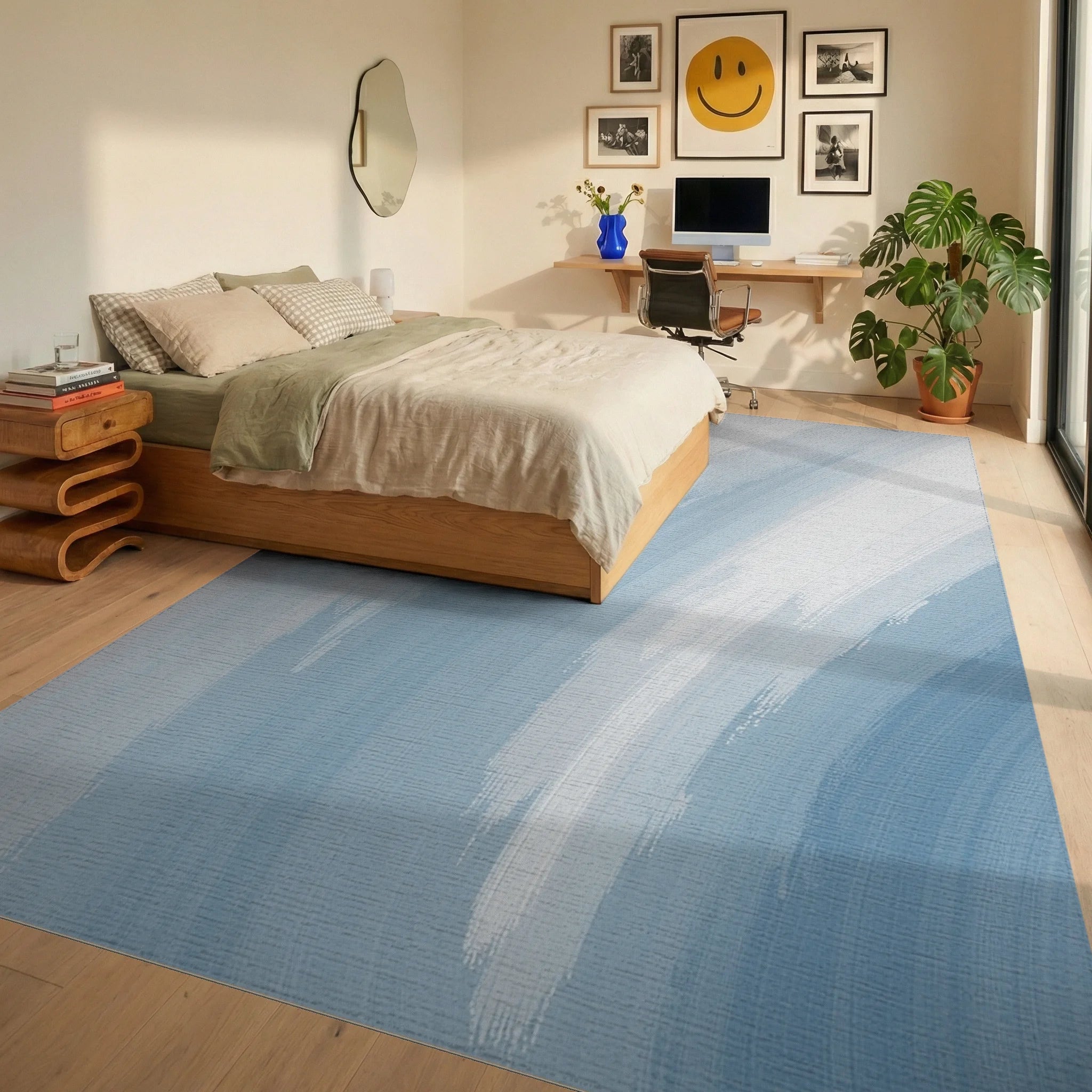 Abstract Blue White Brush Strokes Rug Bedroom View