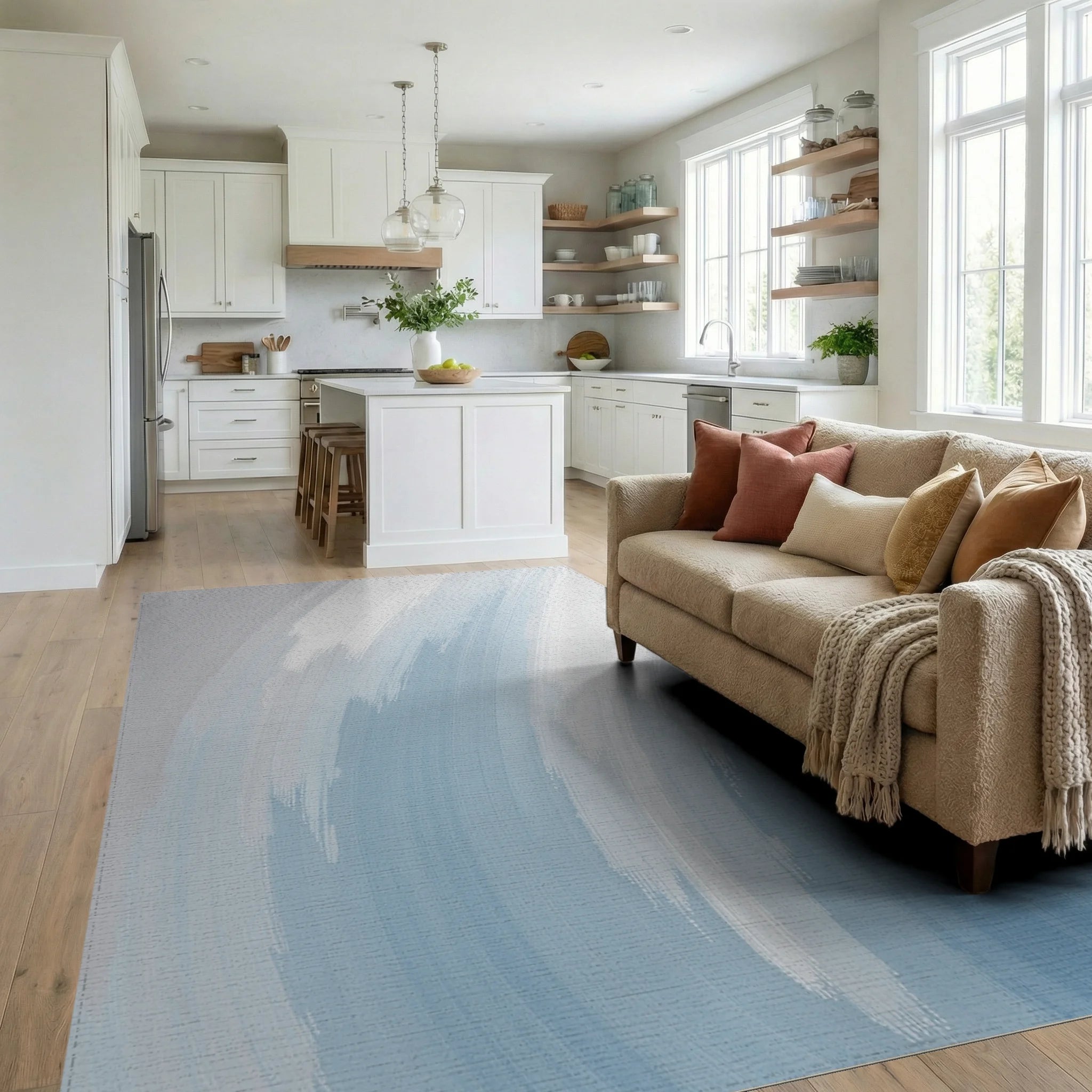 Abstract Blue White Brush Strokes Rug Living Room View
