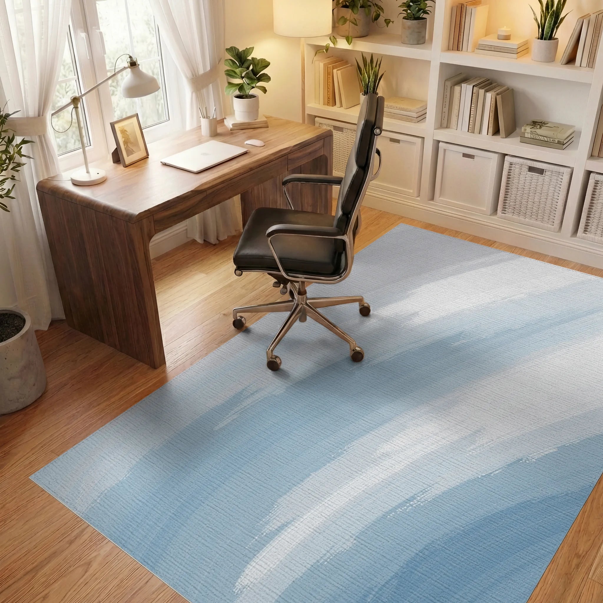 Abstract Blue White Brush Strokes Rug Office View