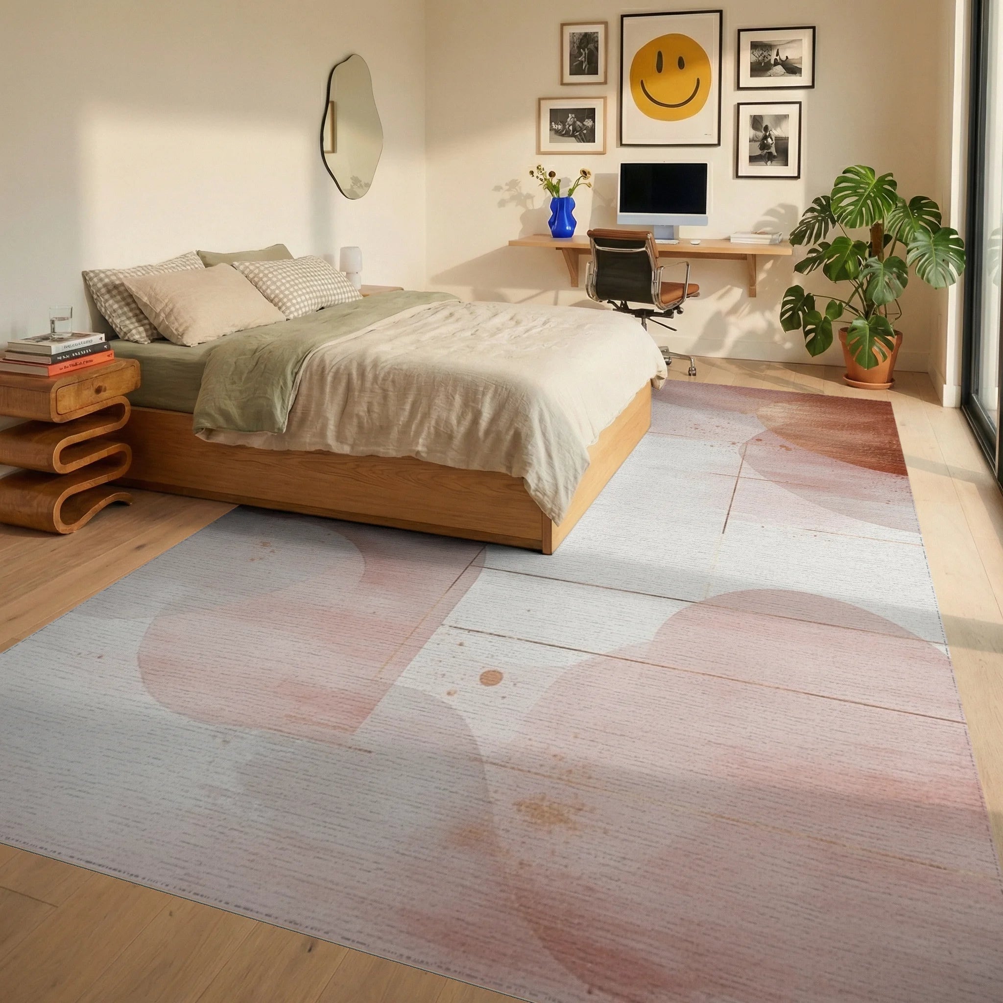 Abstract Blush Geometric Watercolor Burst Rug - Bedroom View