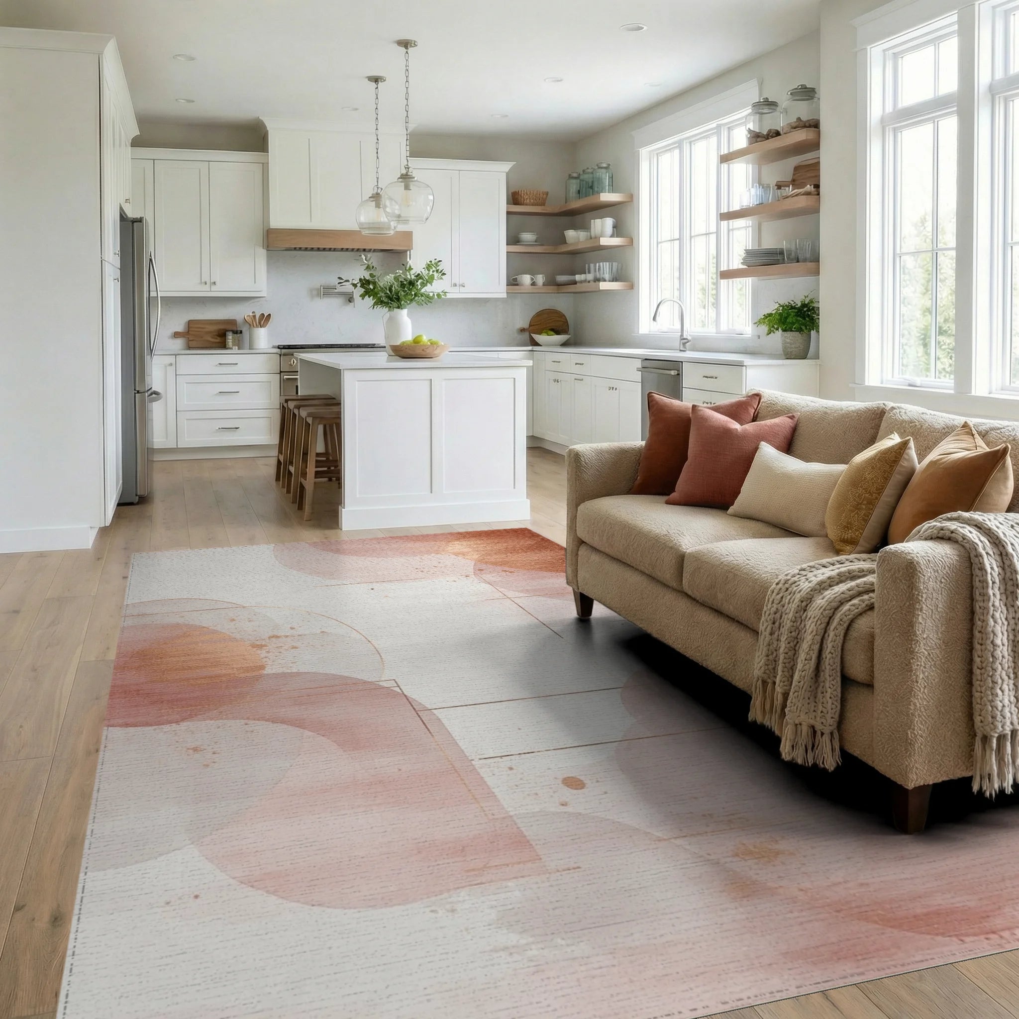 Abstract Blush Geometric Watercolor Burst Rug - Living Room View