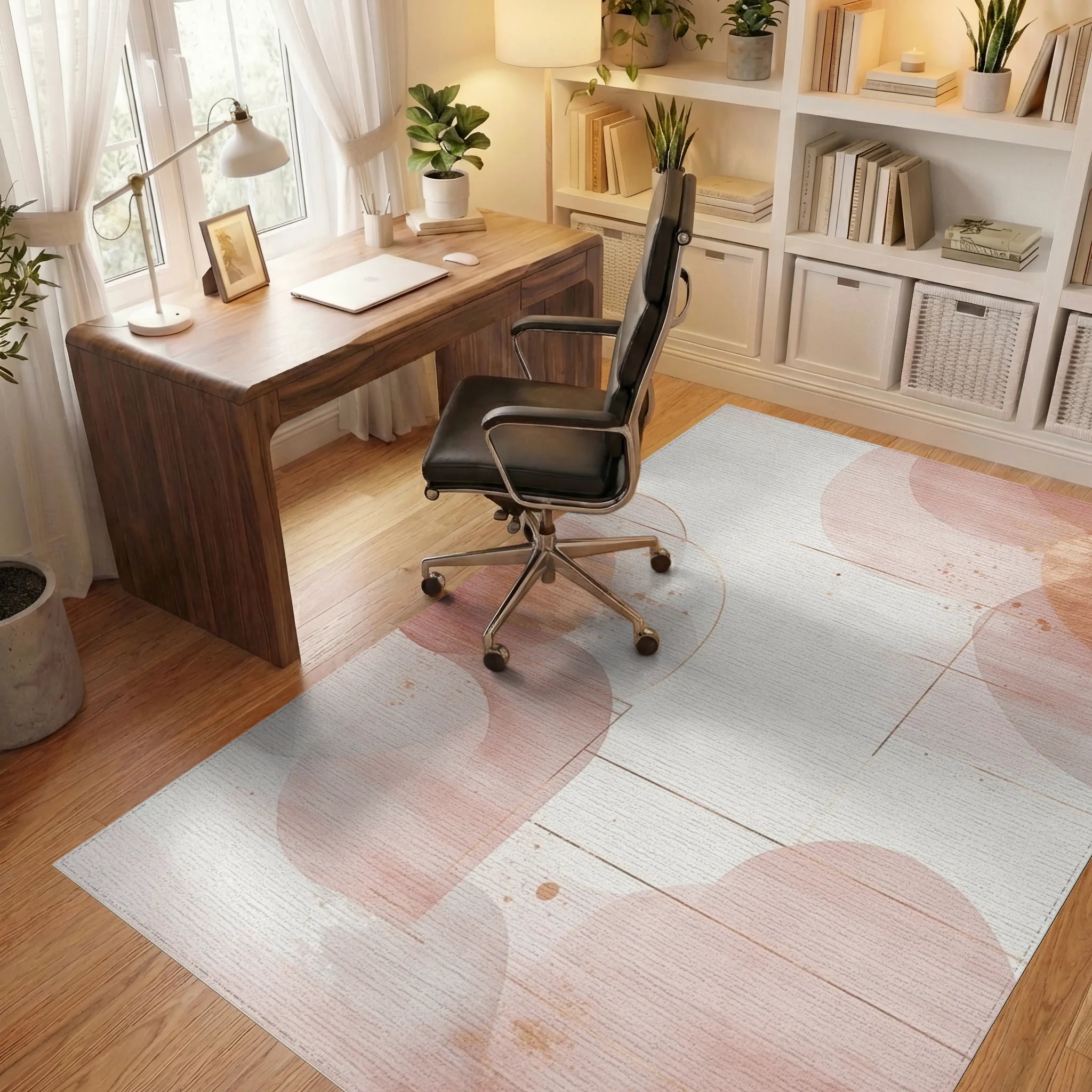 Abstract Blush Geometric Watercolor Burst Rug - Office View