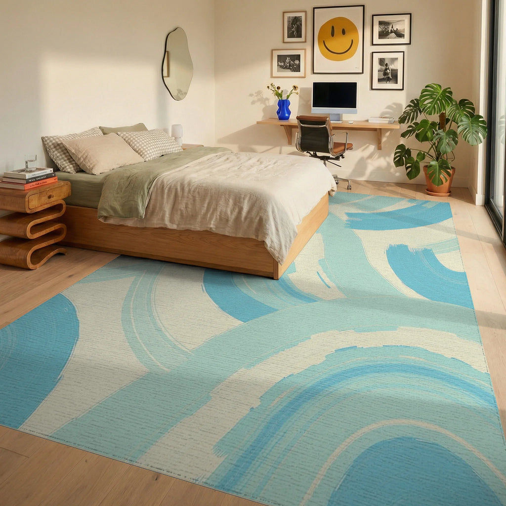 Abstract Brush Stroke Light Blue Design Rug Bedroom View