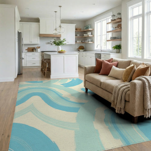 Abstract Brush Stroke Light Blue Design Rug Living Room View