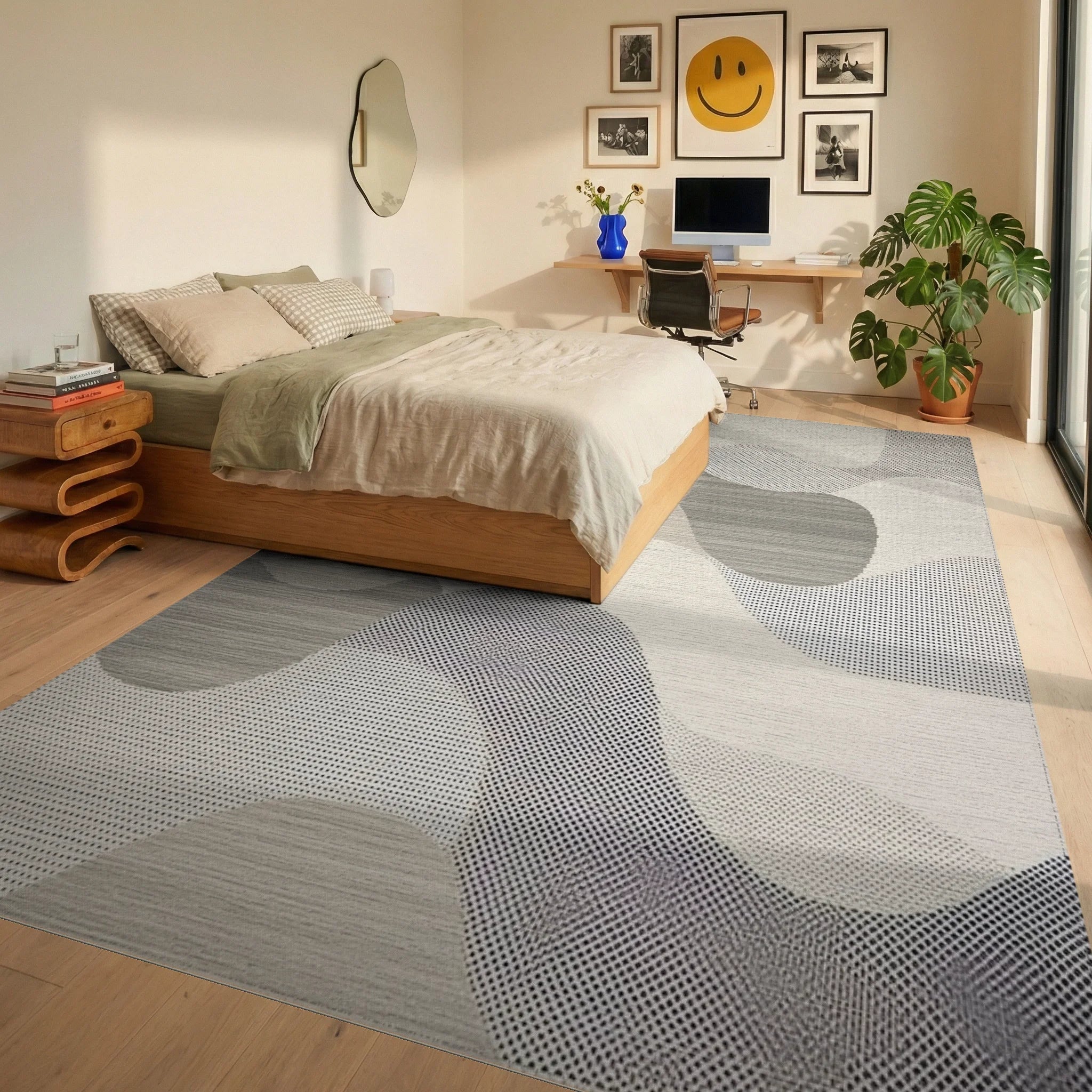 Abstract Cool Tones Wave Form Rug - Bedroom View