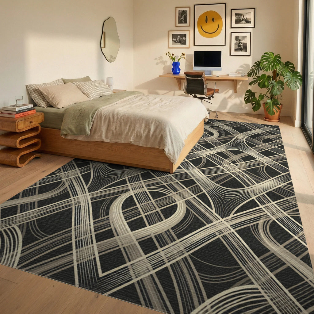 Abstract Cream Woven Lattice Rug Bedroom View