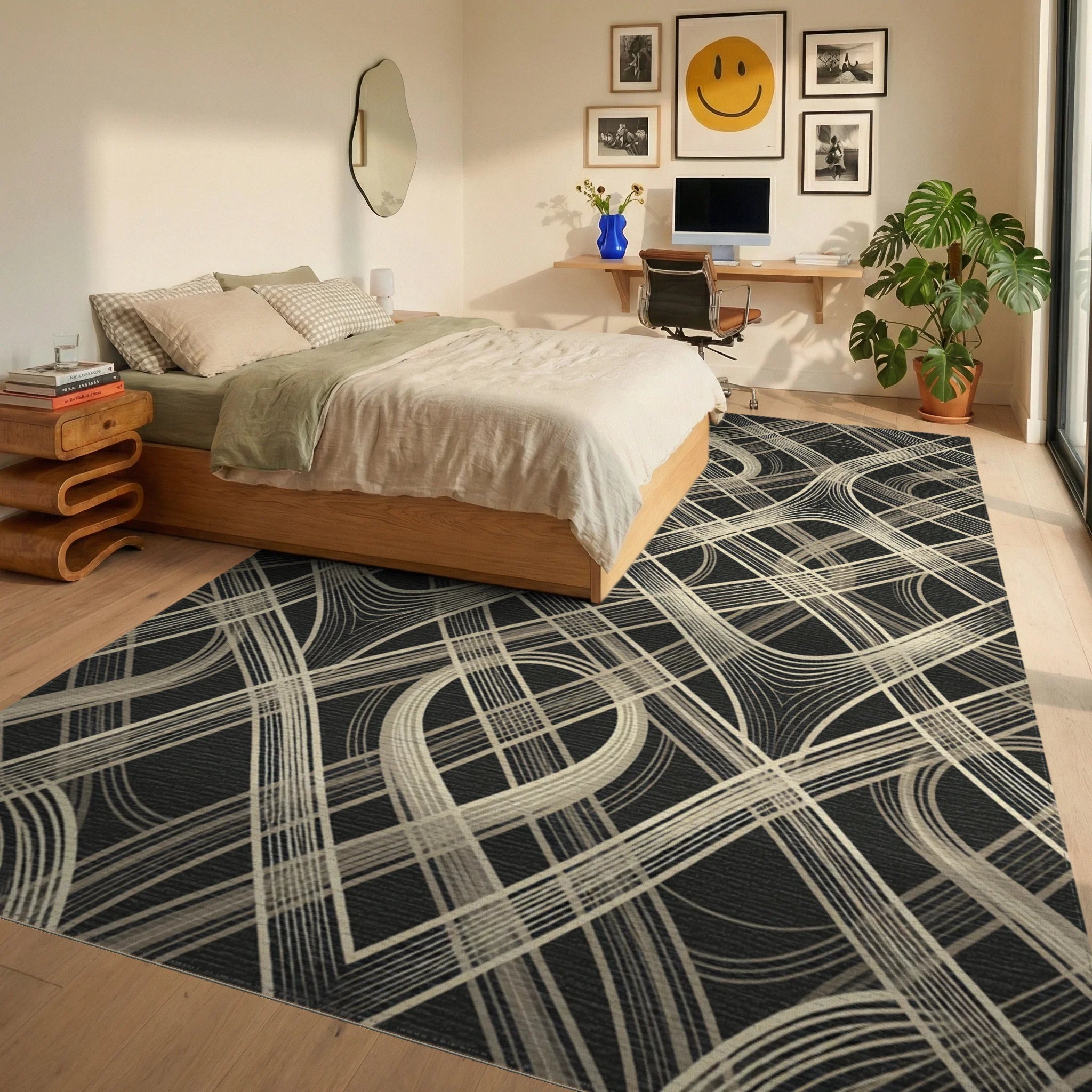 Abstract Cream Woven Lattice Rug Bedroom View
