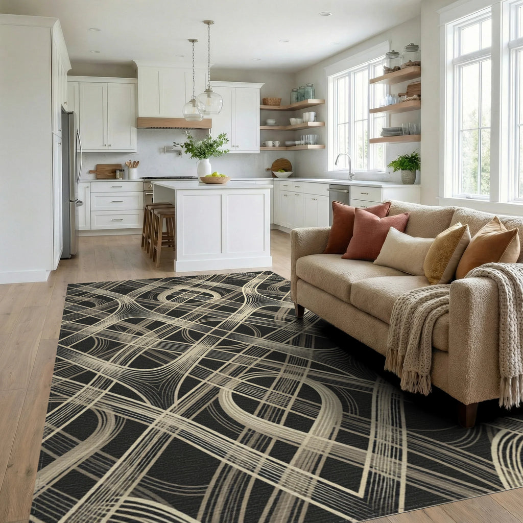 Abstract Cream Woven Lattice Rug Living Room View