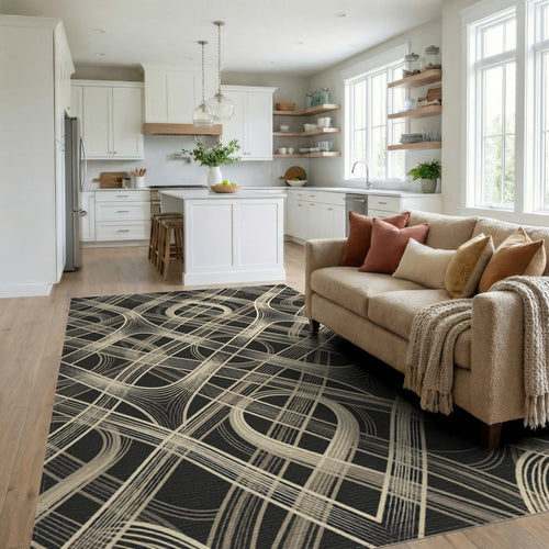 Abstract Cream Woven Lattice Rug Living Room View