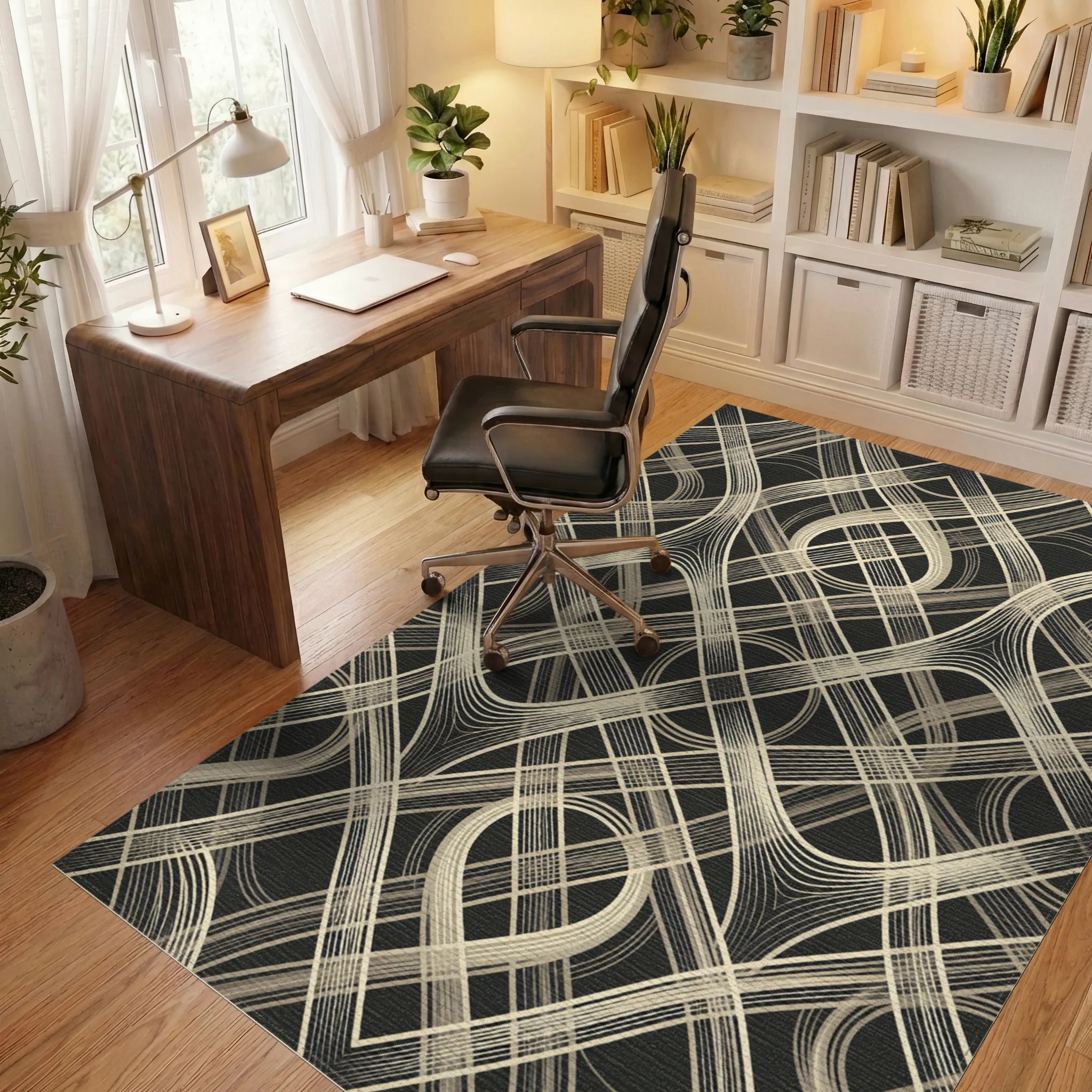Abstract Cream Woven Lattice Rug Office View