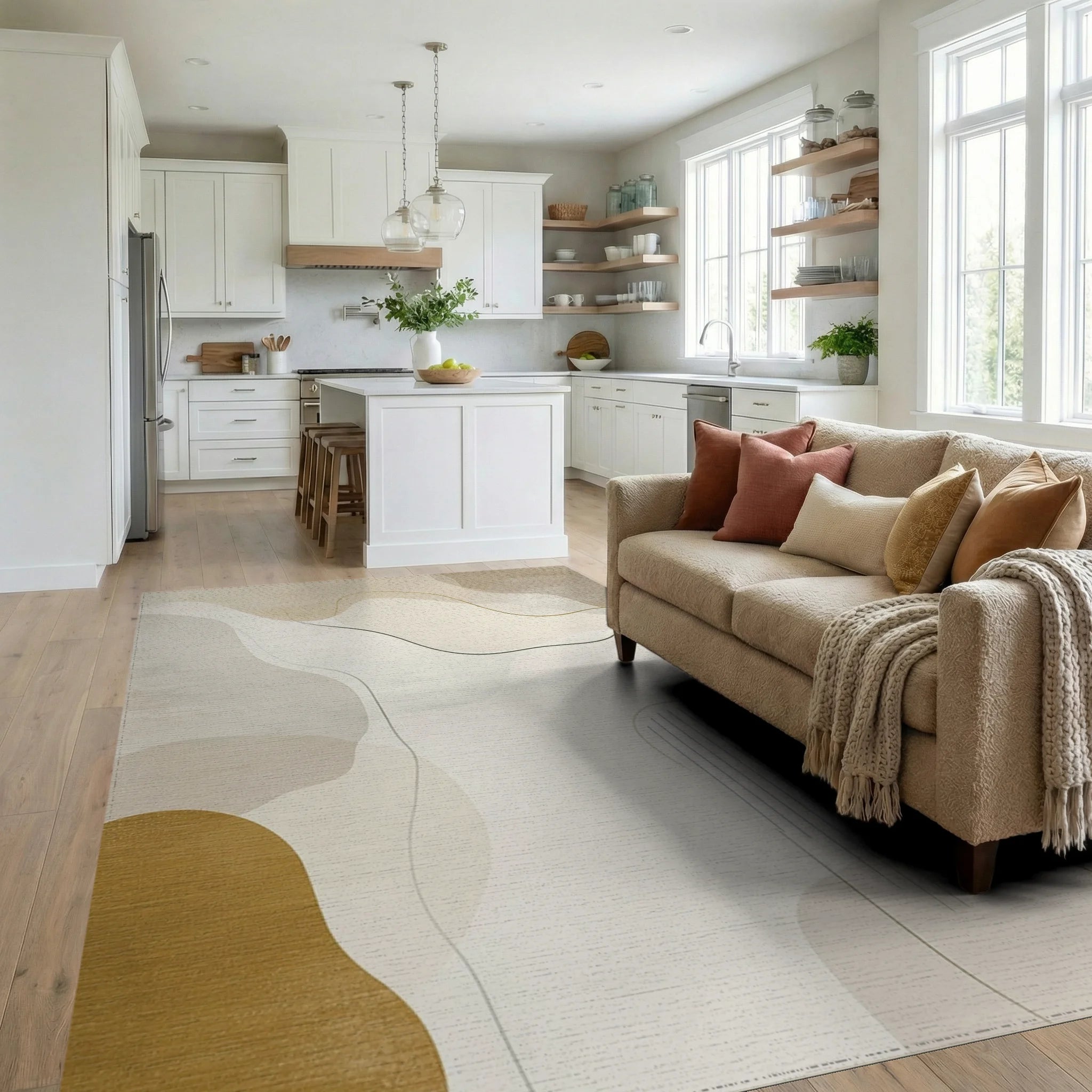 Abstract Earth Tones Organic Shapes Rug Living Room View