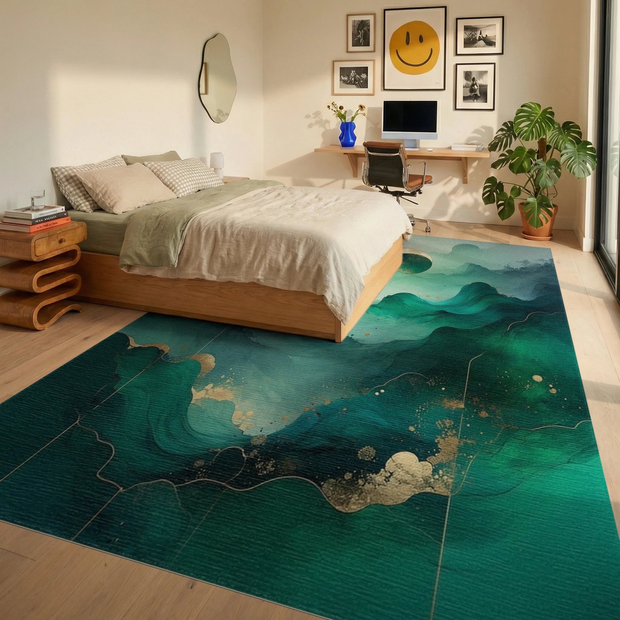 Abstract Emerald Gold Wave Pattern Rug - Bedroom View