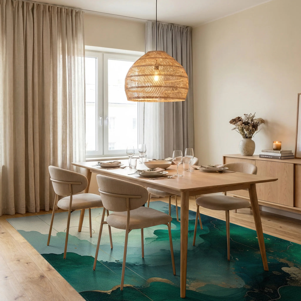 Abstract Emerald Gold Wave Pattern Rug - Dining Room View