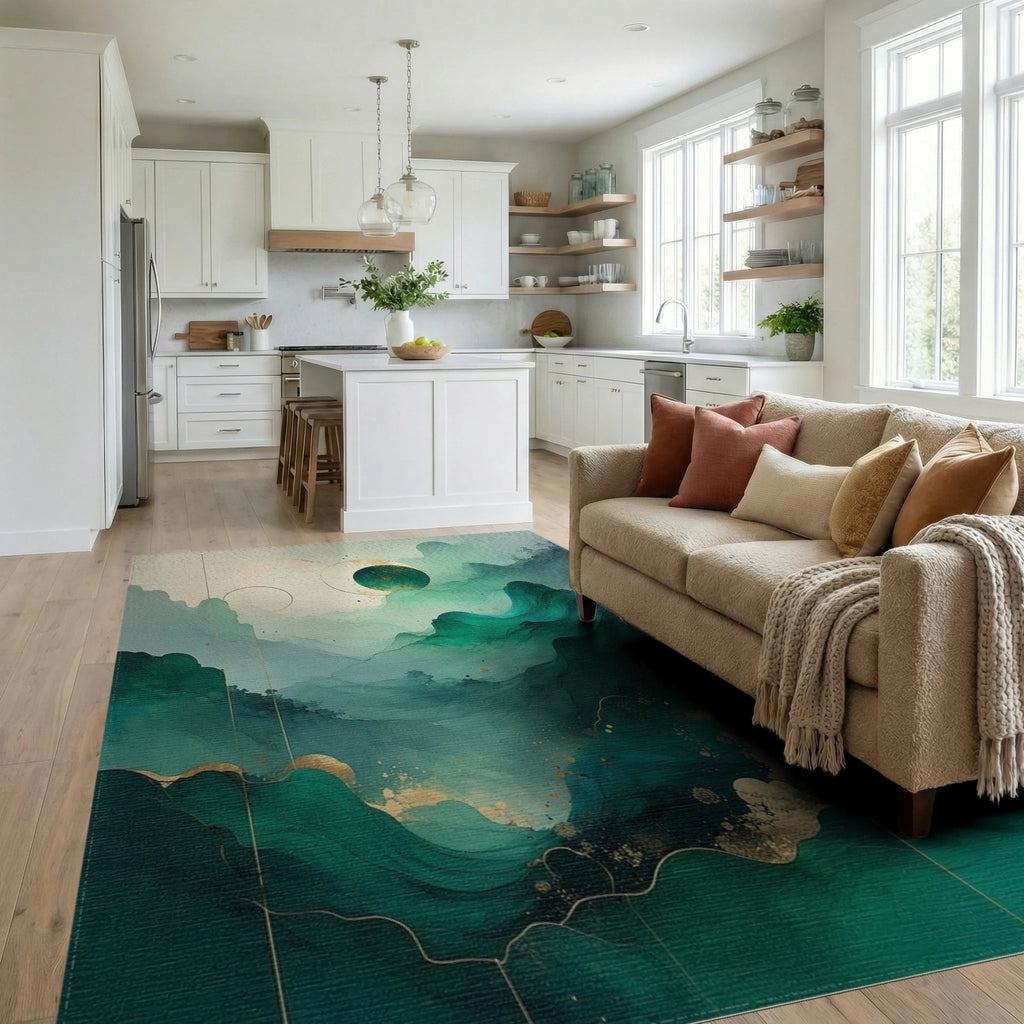 Abstract Emerald Gold Wave Pattern Rug - Living Room View