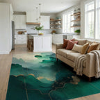 Abstract Emerald Gold Wave Pattern Rug - Living Room View