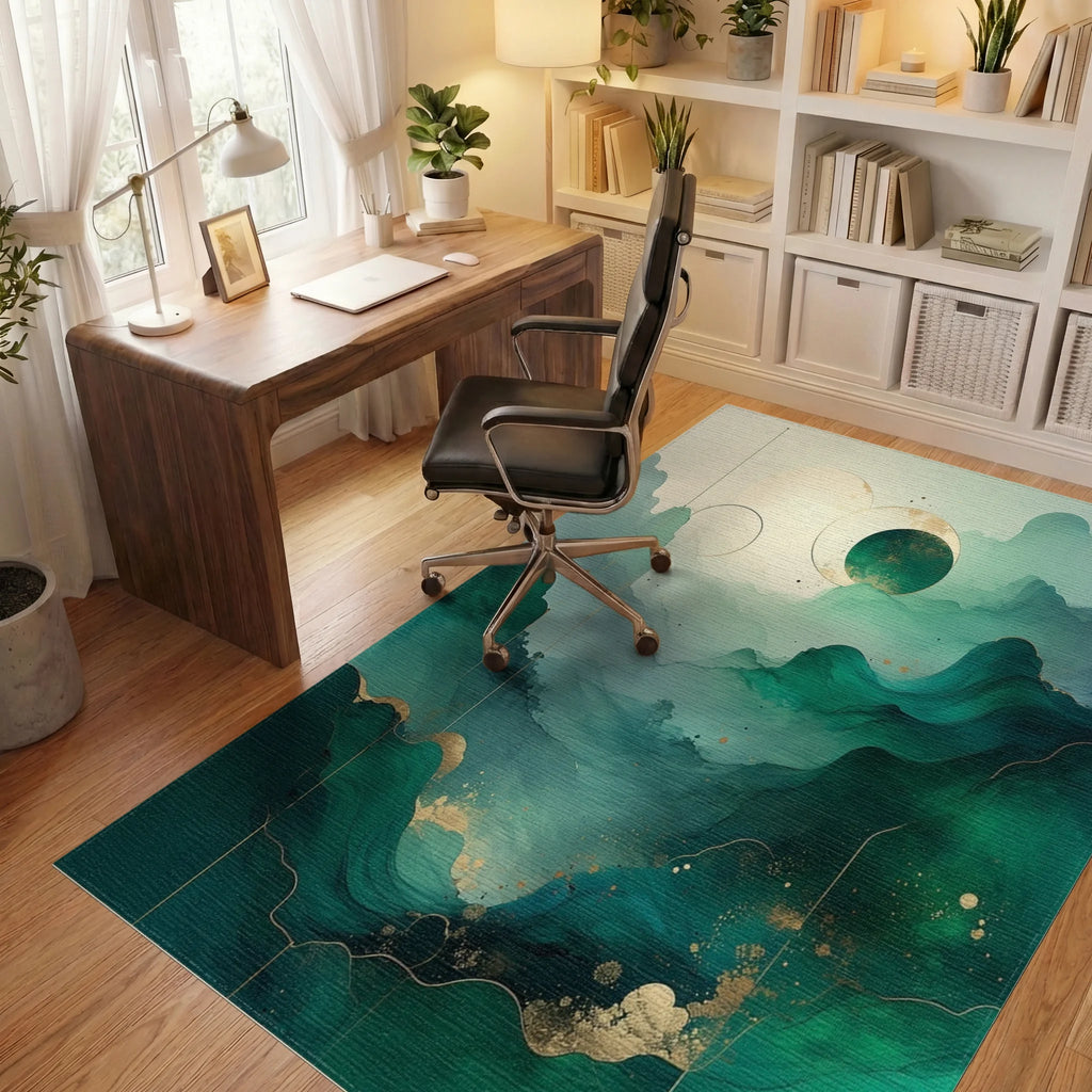 Abstract Emerald Gold Wave Pattern Rug - Office View
