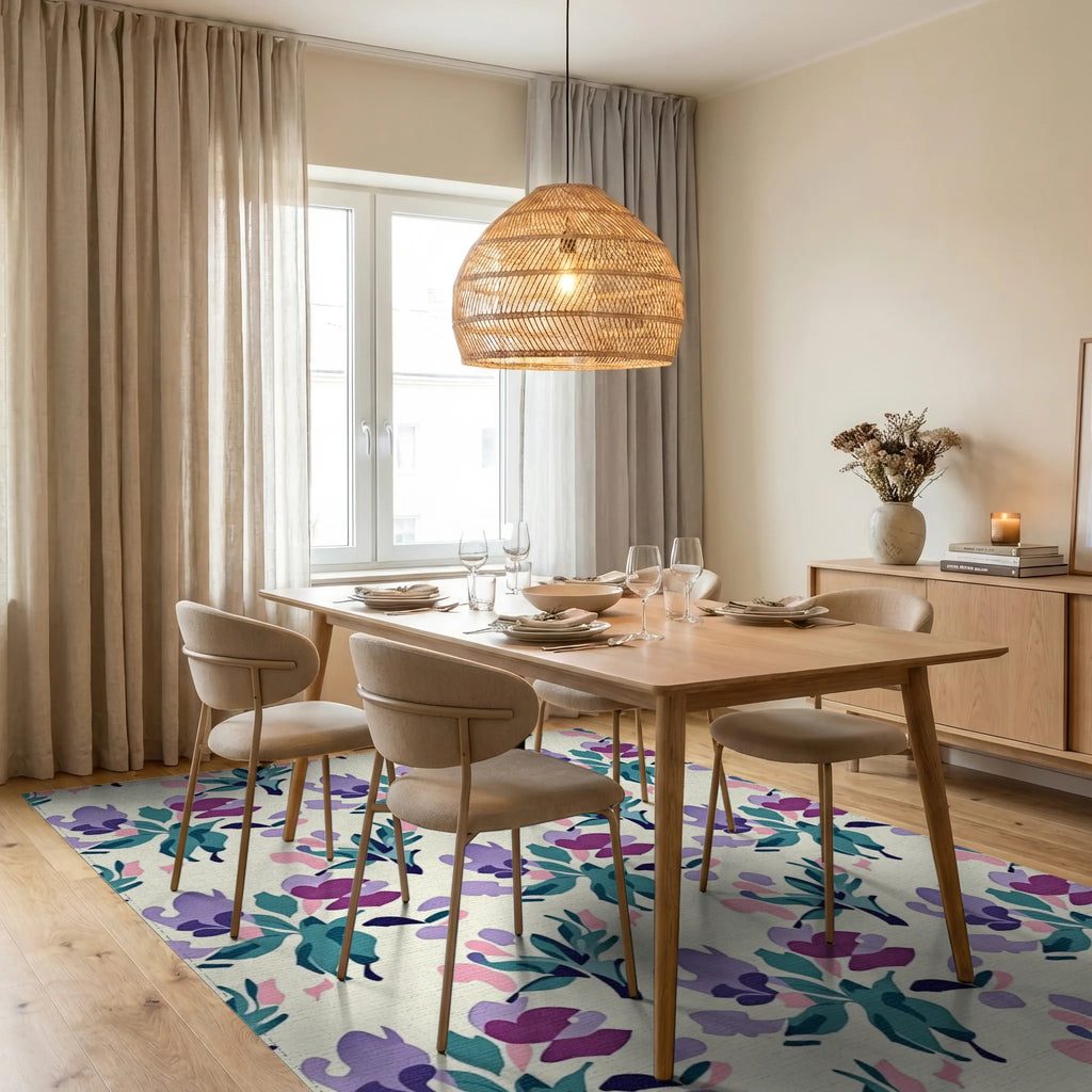 Abstract Floral Garden Pattern Rug Dining Room View