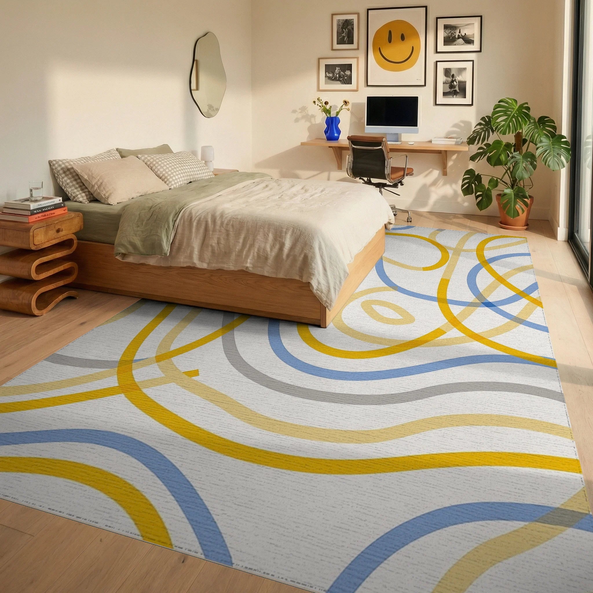 Abstract Flowing Lines Blue Yellow Rug Bedroom View