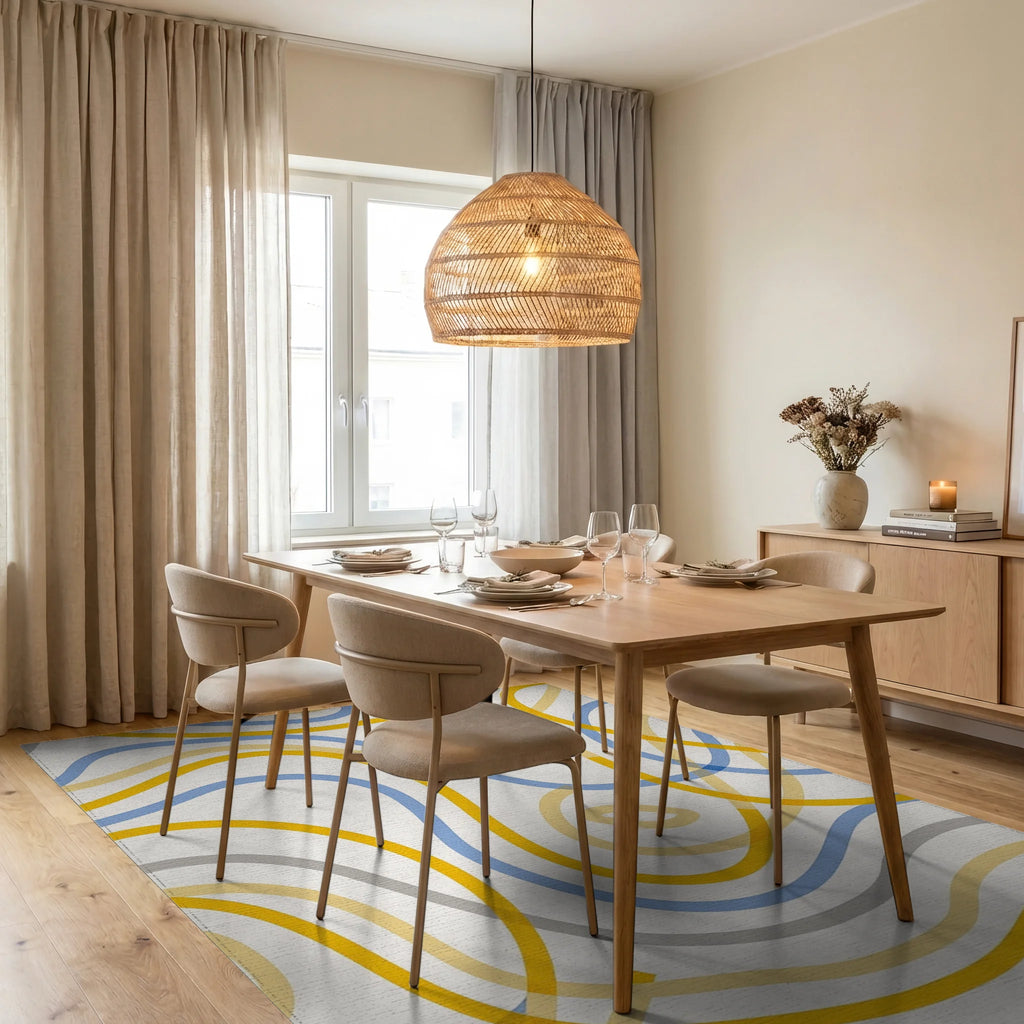 Abstract Flowing Lines Blue Yellow Rug Dining Room View