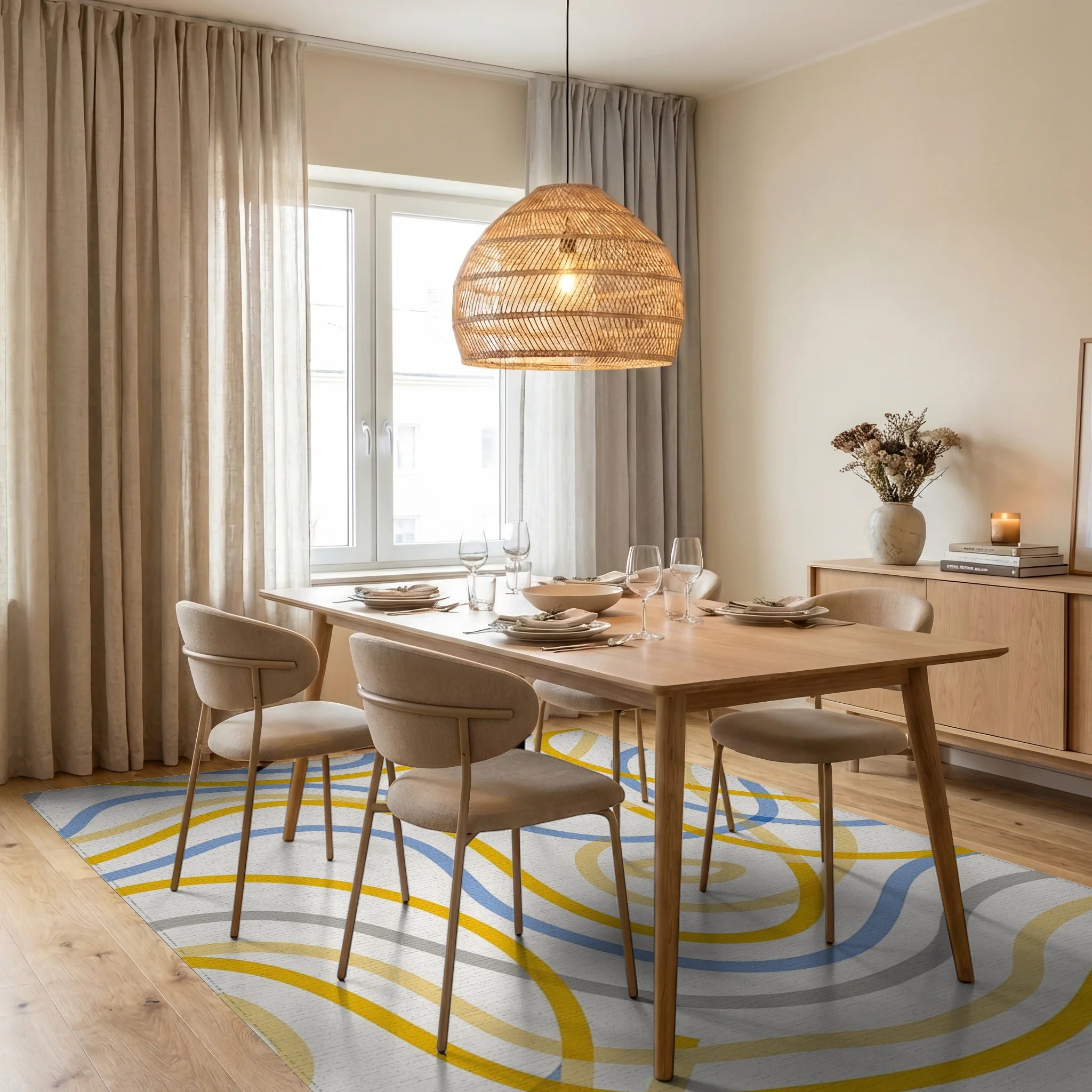 Abstract Flowing Lines Blue Yellow Rug Dining Room View