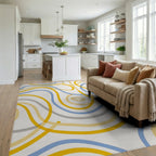 Abstract Flowing Lines Blue Yellow Rug Living Room View