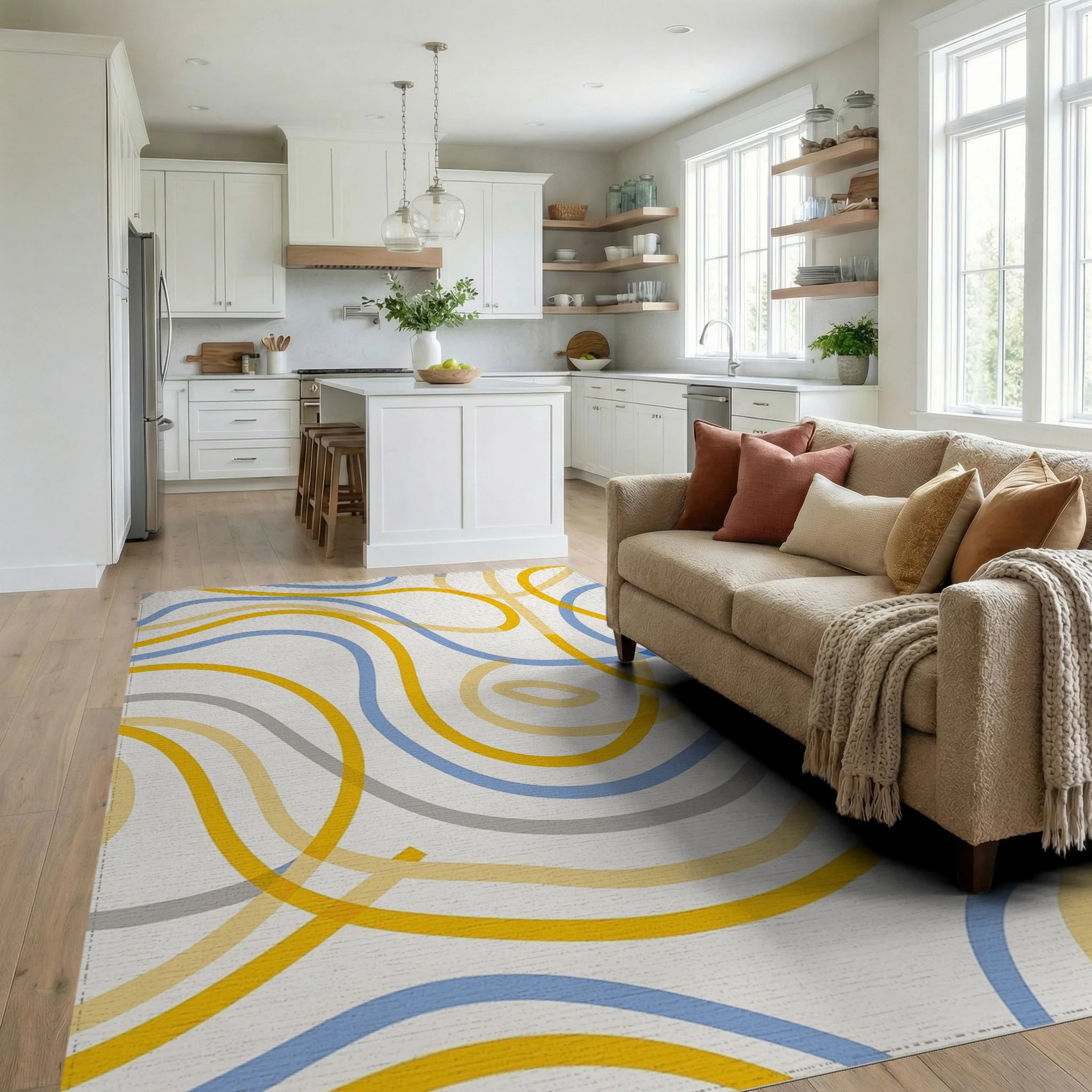 Abstract Flowing Lines Blue Yellow Rug Living Room View
