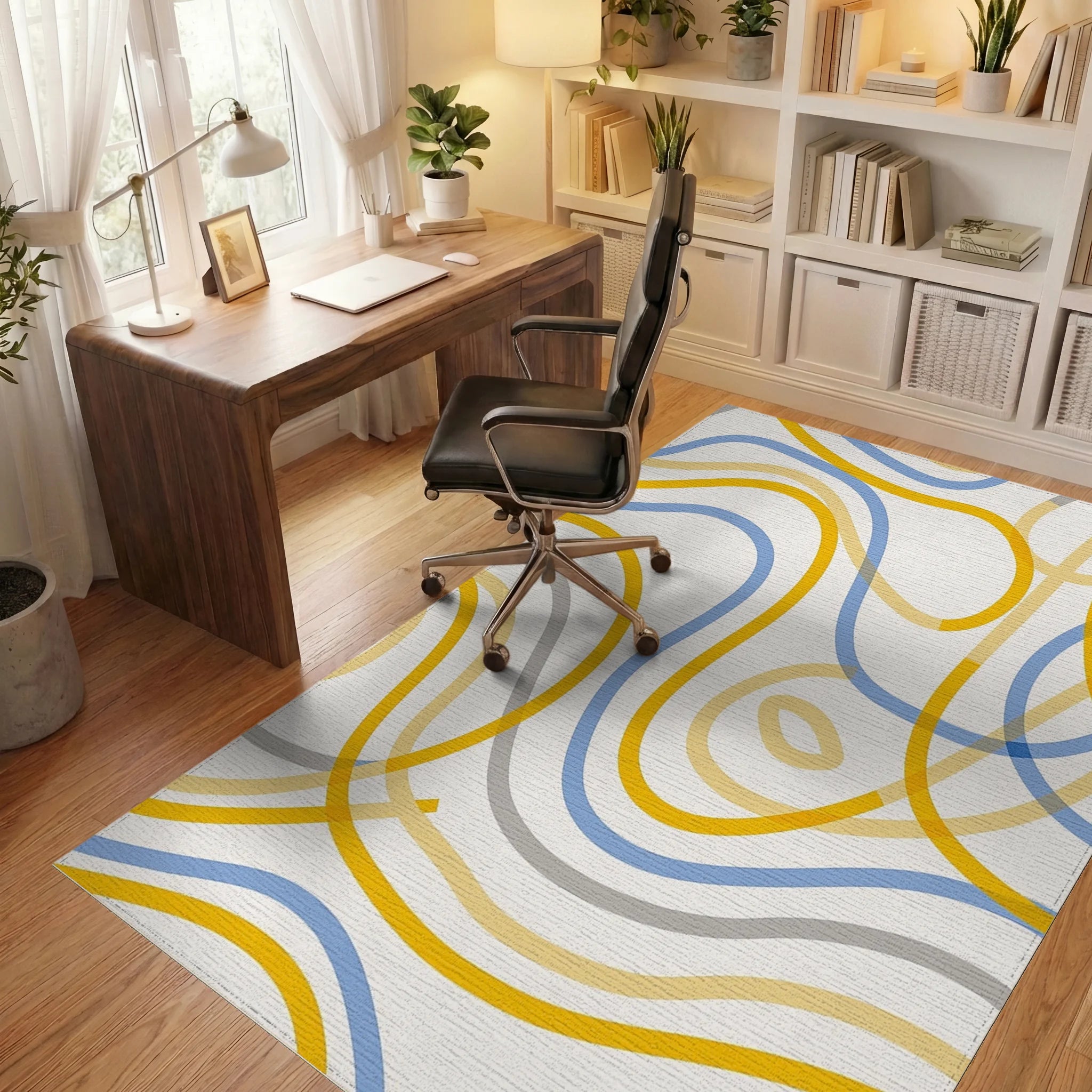 Abstract Flowing Lines Blue Yellow Rug Office View