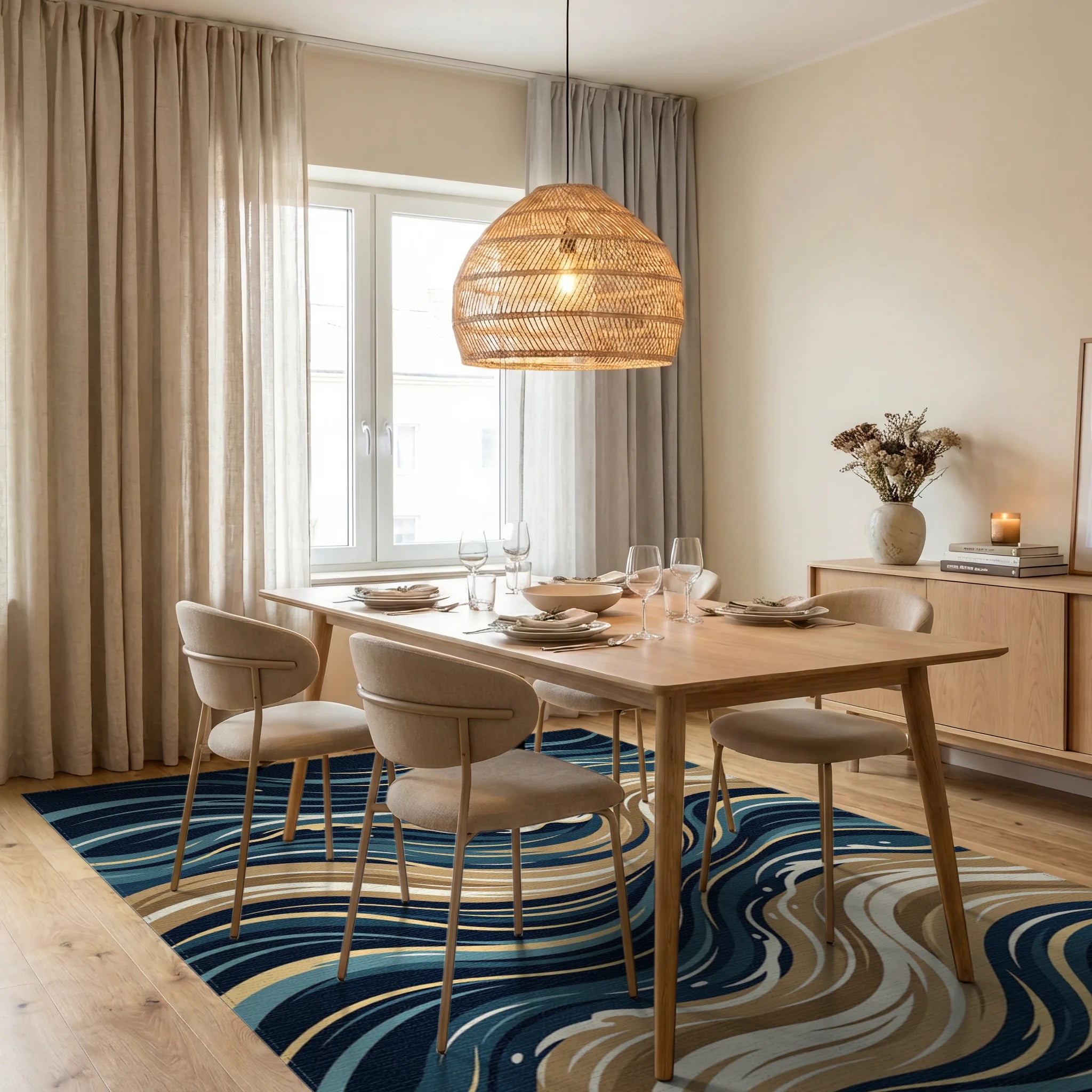 Abstract Flowing Ocean Waves Rug Dining Room View